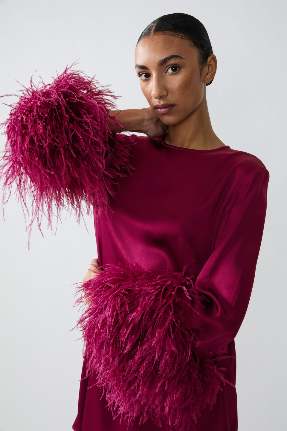 Satin Shift Dress With Feathers