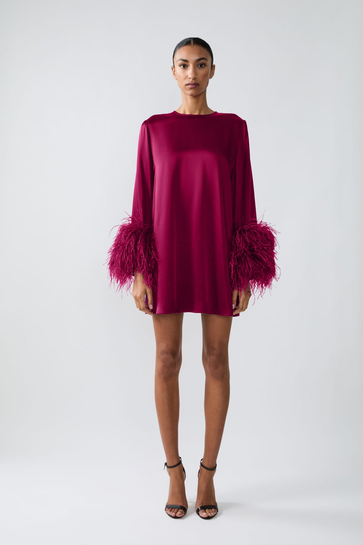 Satin Shift Dress With Feathers