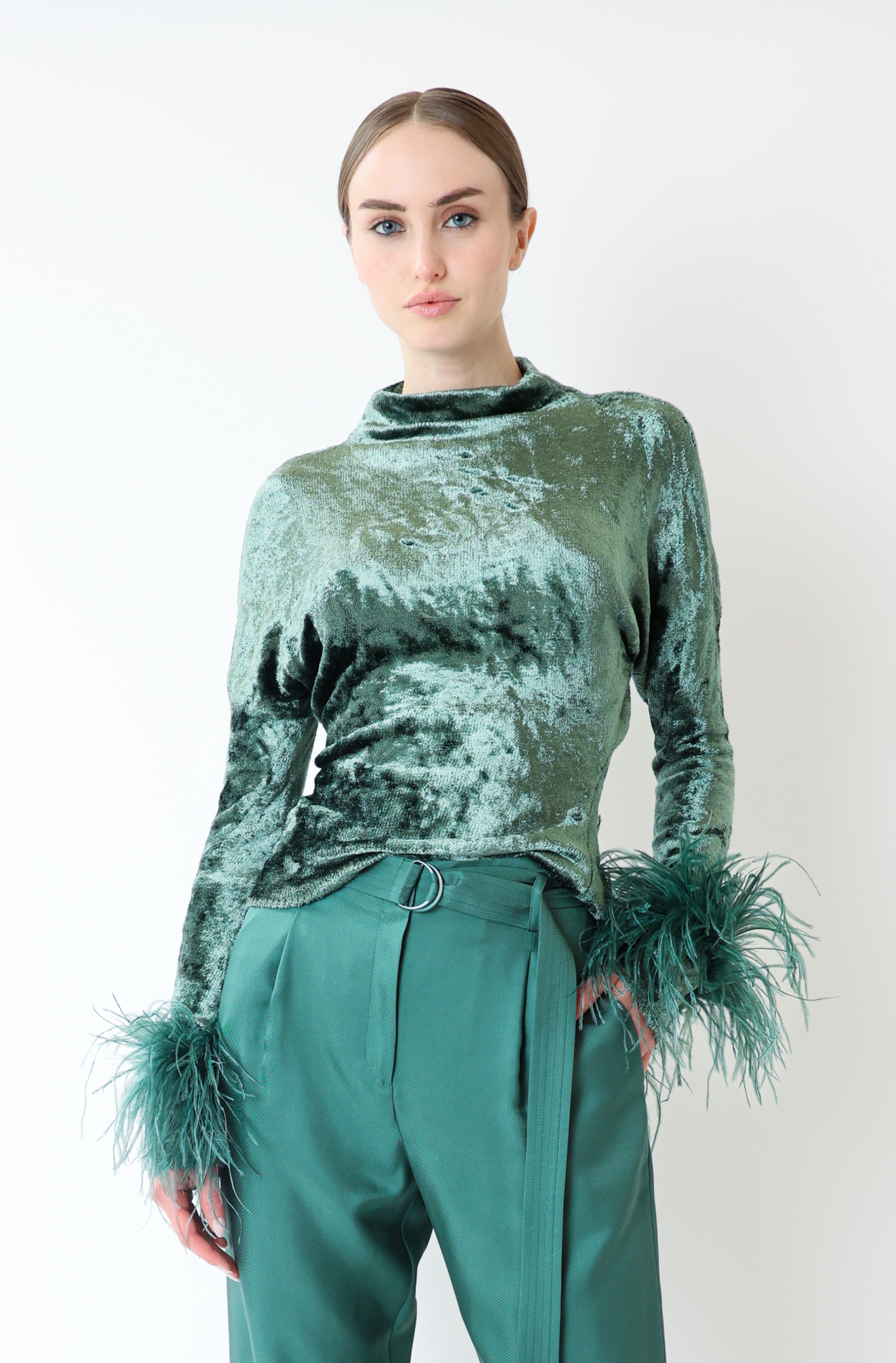 Velvet Dolman Top With Feathers