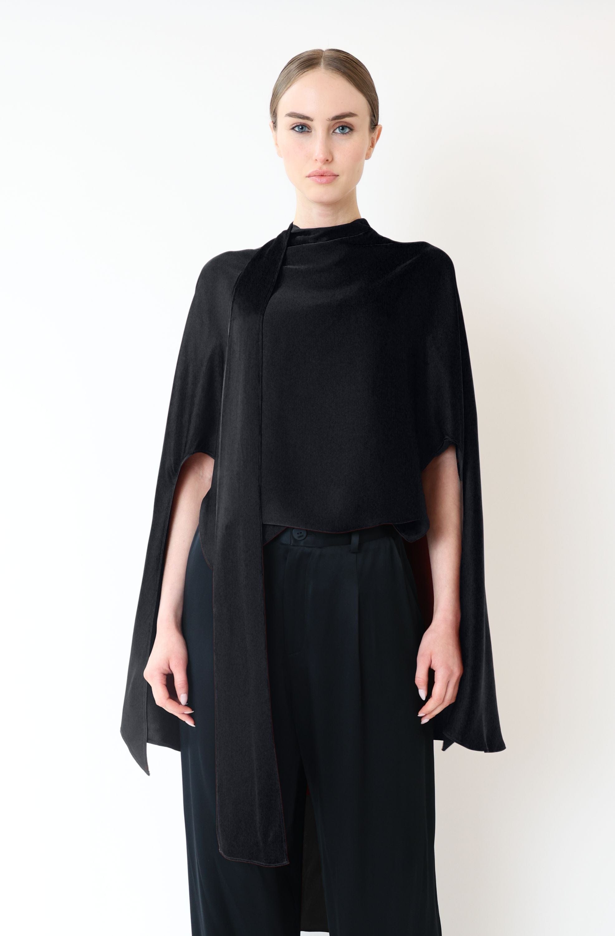 Satin Scarf Cape Top in Black Black | LAPOINTE