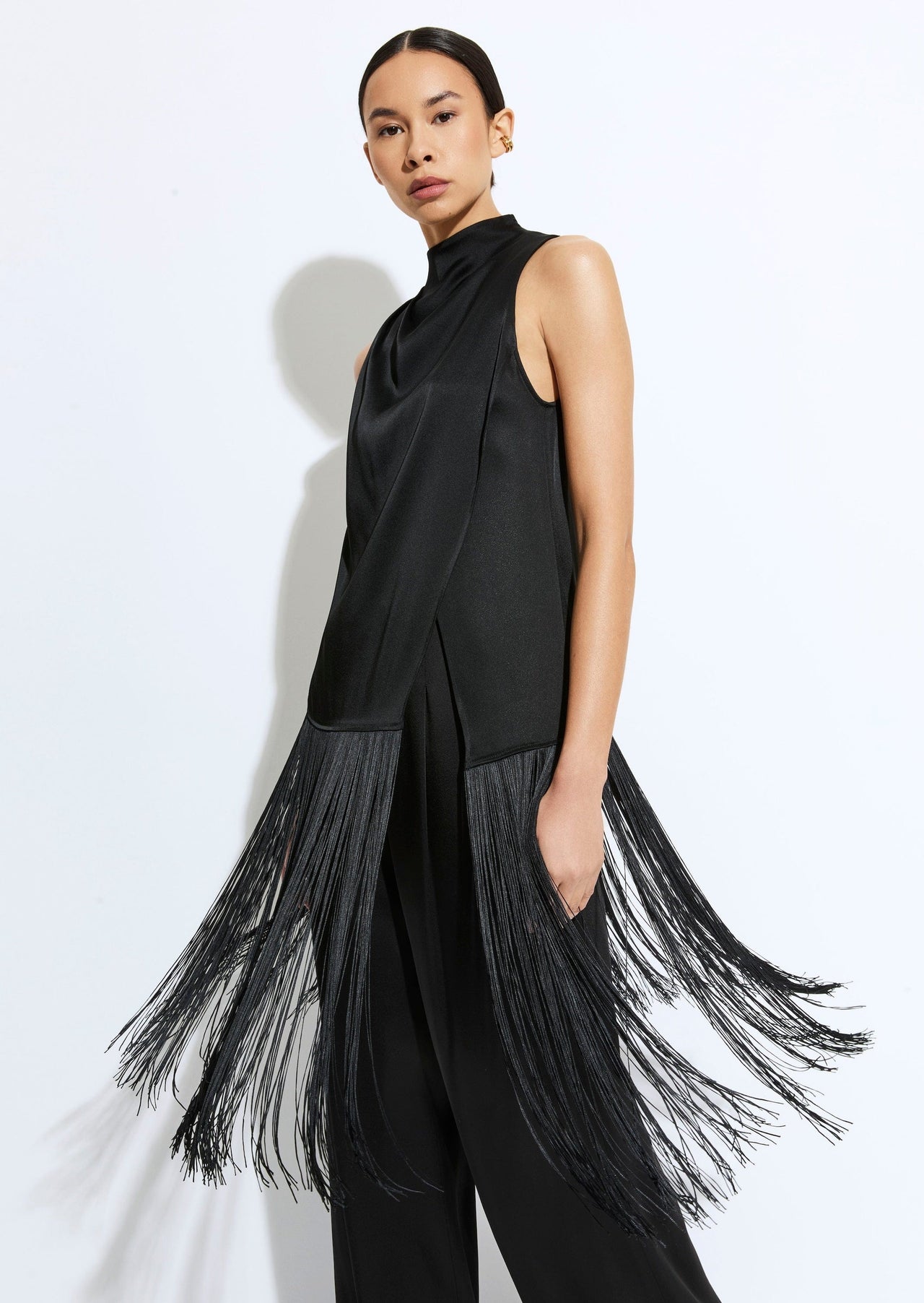 Satin Cowl Neck Fringe Top - LAPOINTE
