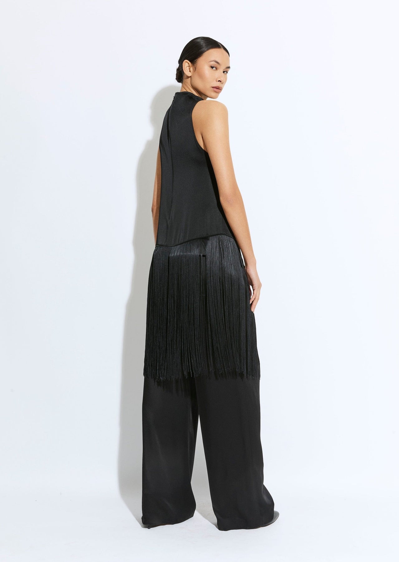 Satin Cowl Neck Fringe Top - LAPOINTE