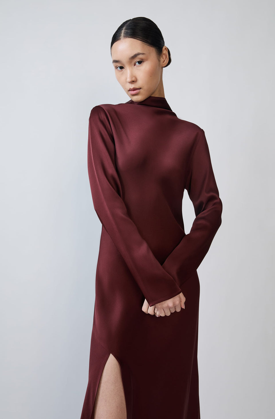 Satin Draped Neck Bias Dress With Slit - LAPOINTE