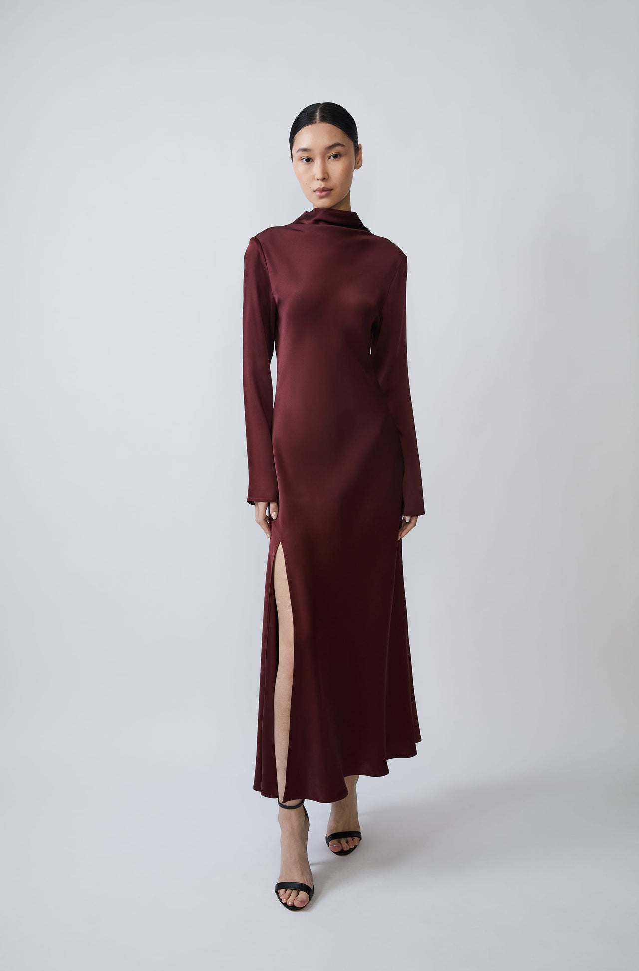 Satin Draped Neck Bias Dress With Slit - LAPOINTE