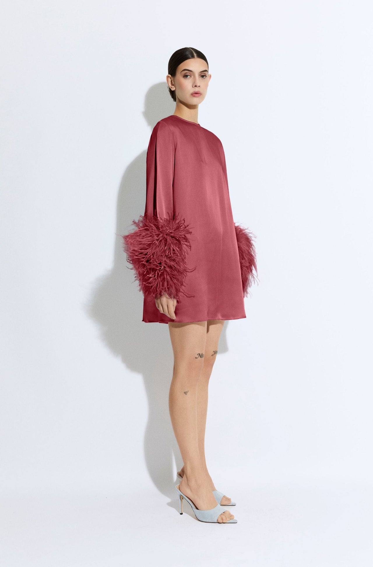 Satin Shift Dress With Feathers - LAPOINTE