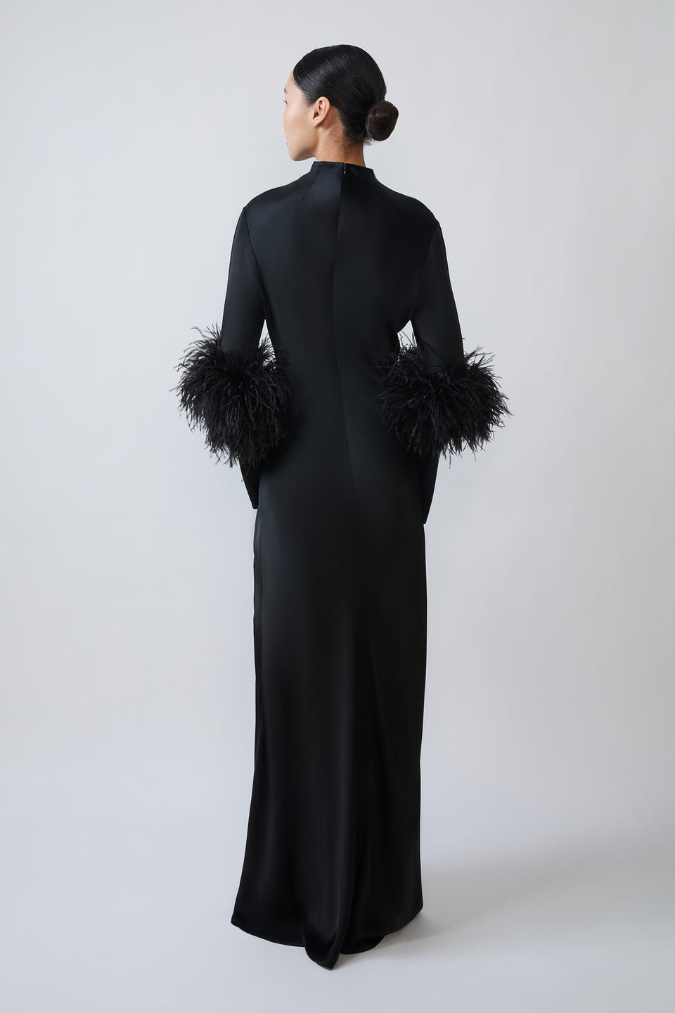 Satin Tab Gown With Feathers - LAPOINTE