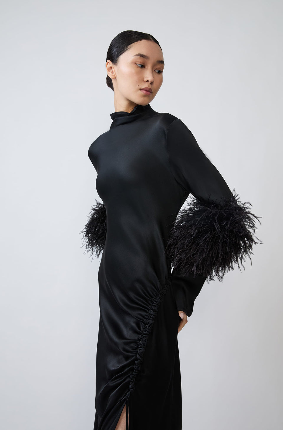 Satin Tab Gown With Feathers - LAPOINTE