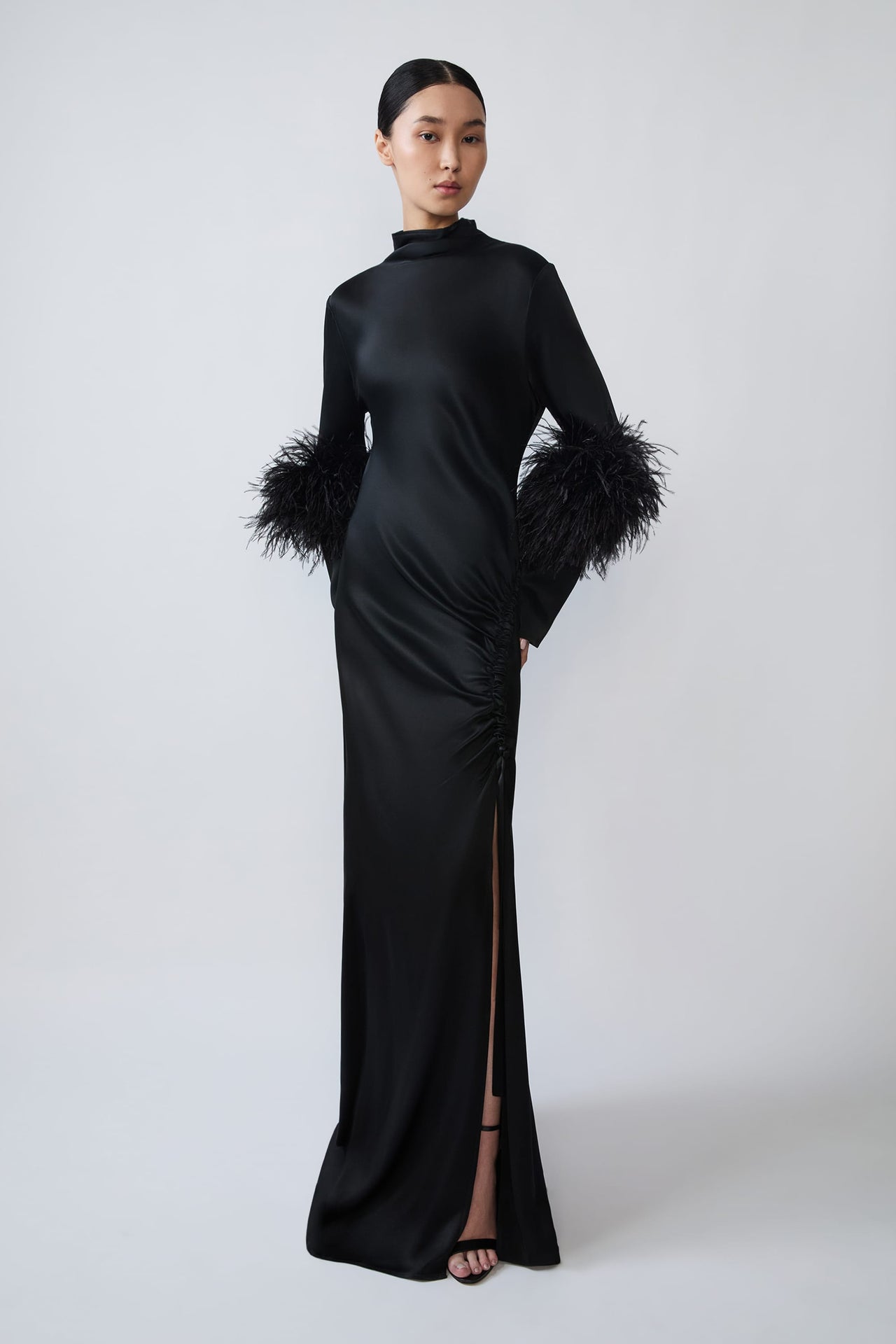 Satin Tab Gown With Feathers - LAPOINTE