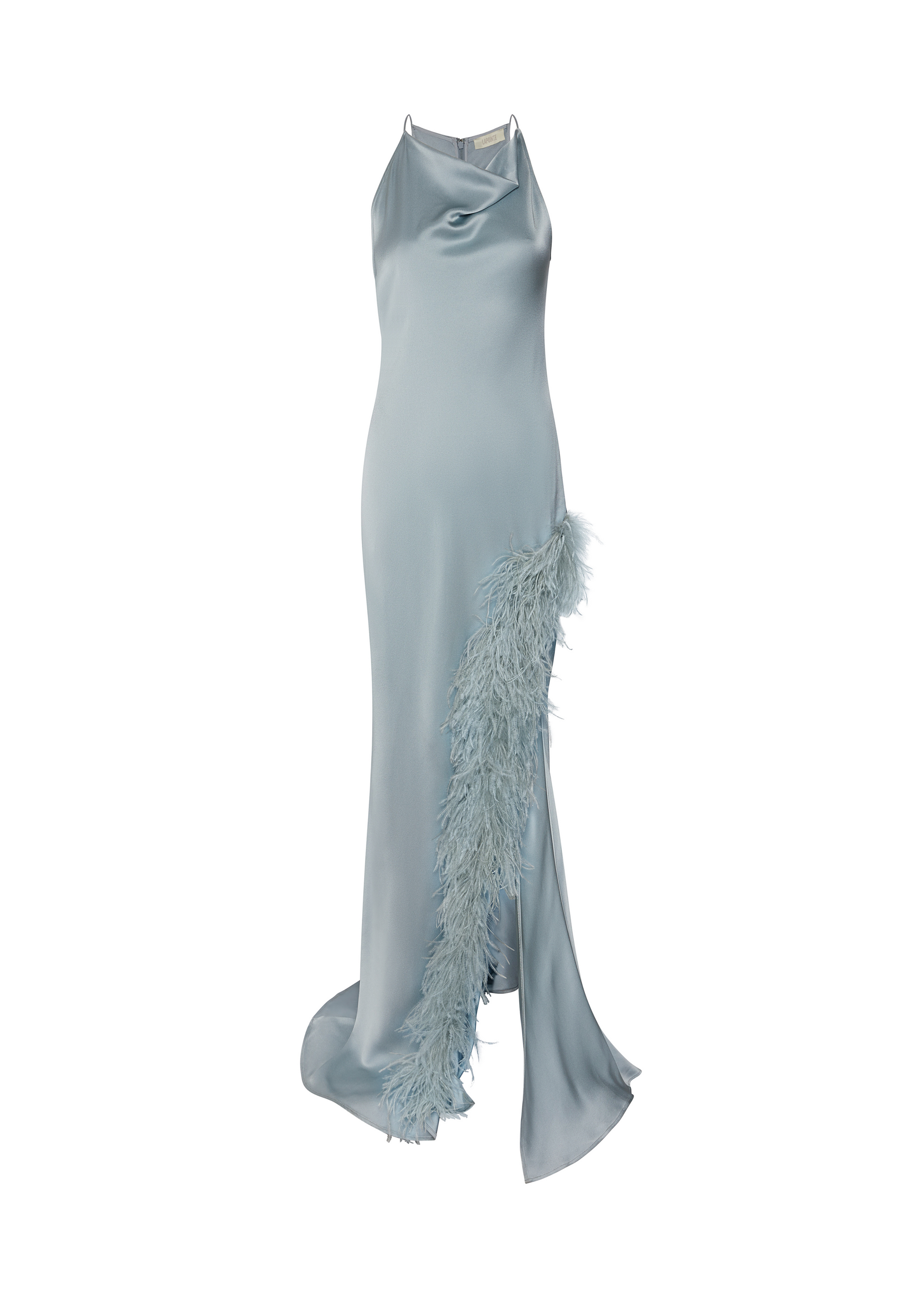 Satin Halter Gown with Feathers