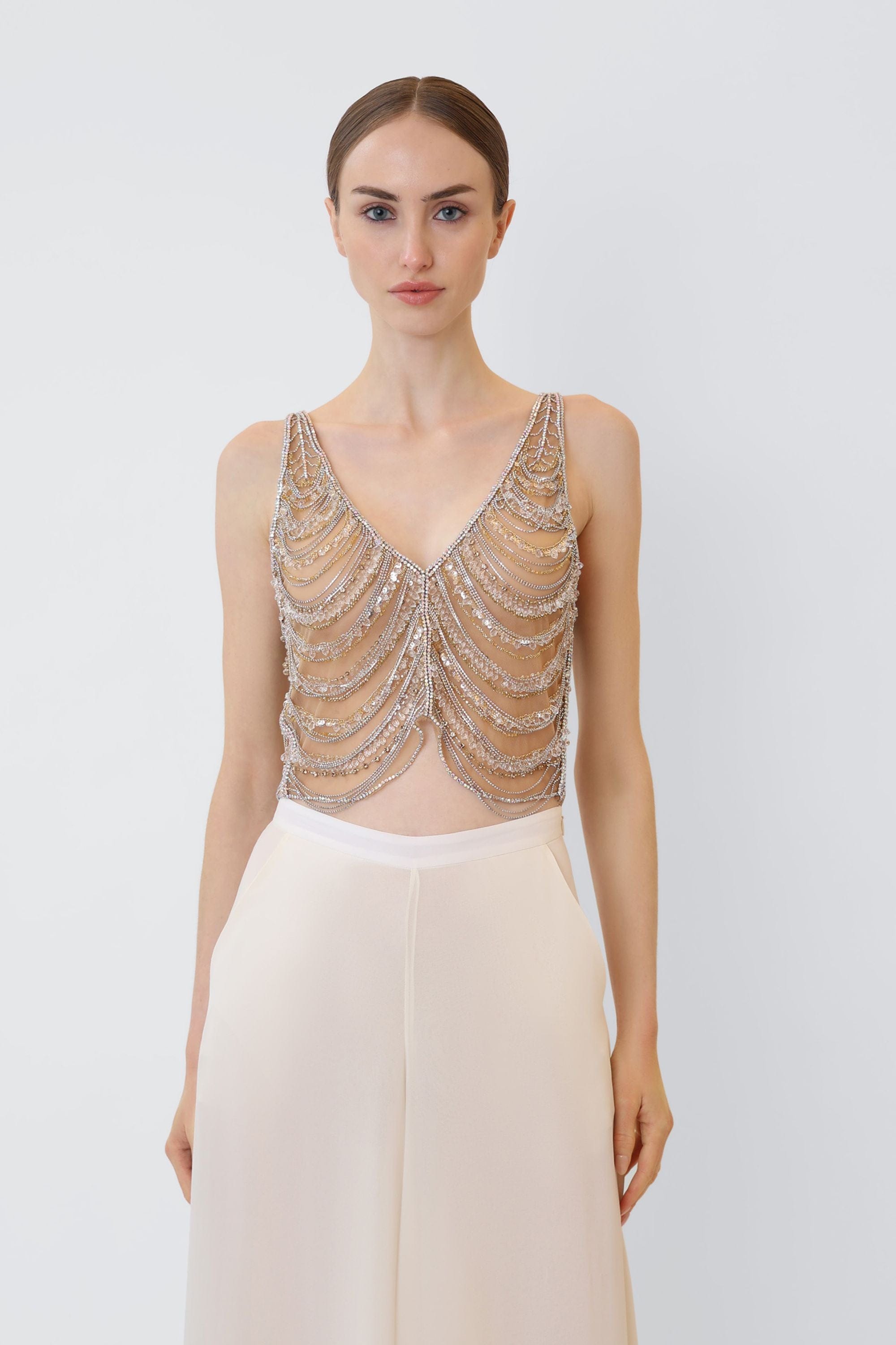 Draped Crystal Embroidery V Neck Tank - LAPOINTE
