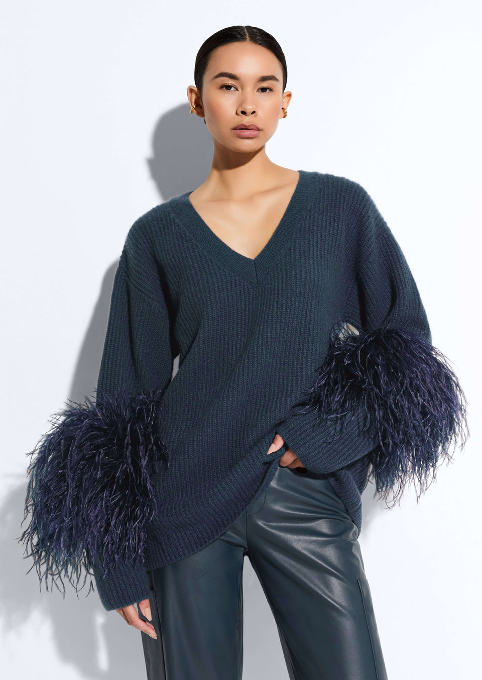 Cashmere V Neck Sweater With Feathers