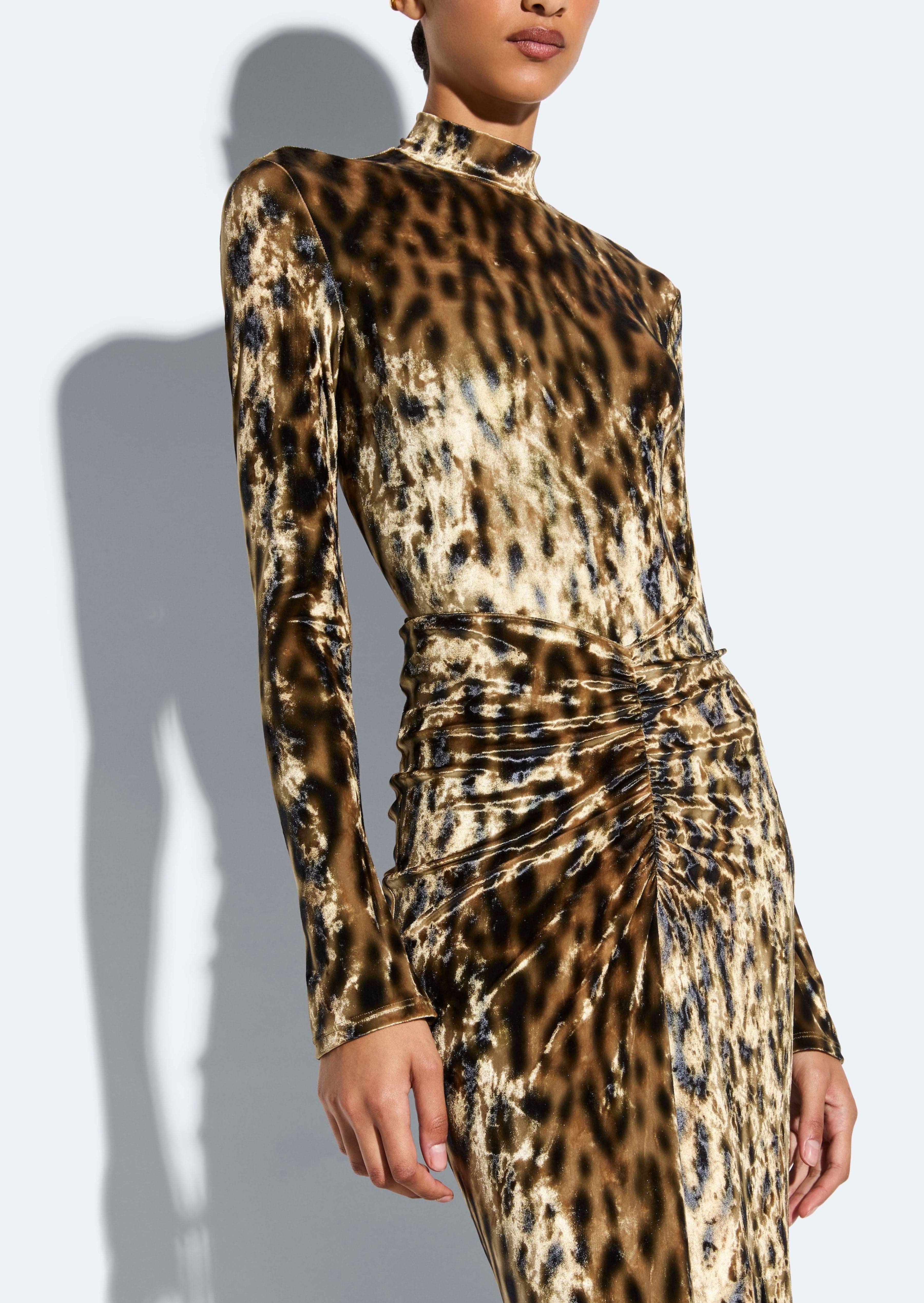 Velvet Leopard Mock Neck Bodysuit in Leopard Black and Brown LAPOINTE