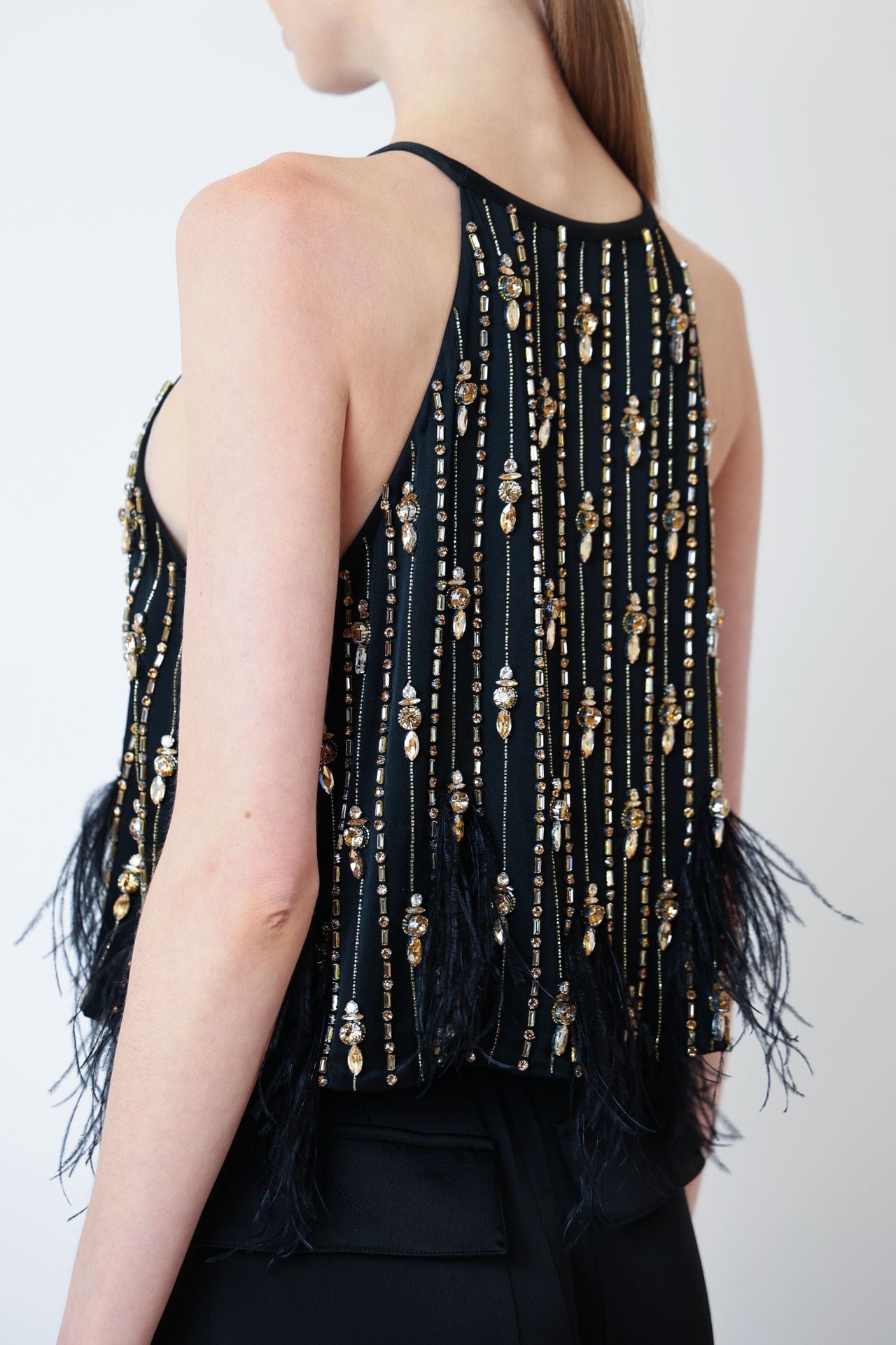 Satin Crop Halter Cami With Deco Stripe Embroidery