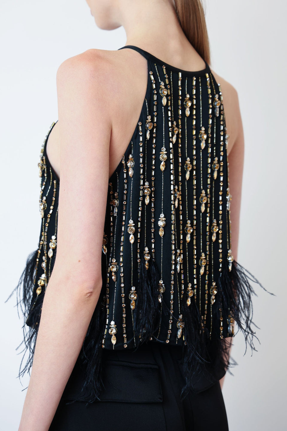 Satin Crop Halter Cami With Deco Stripe Embroidery