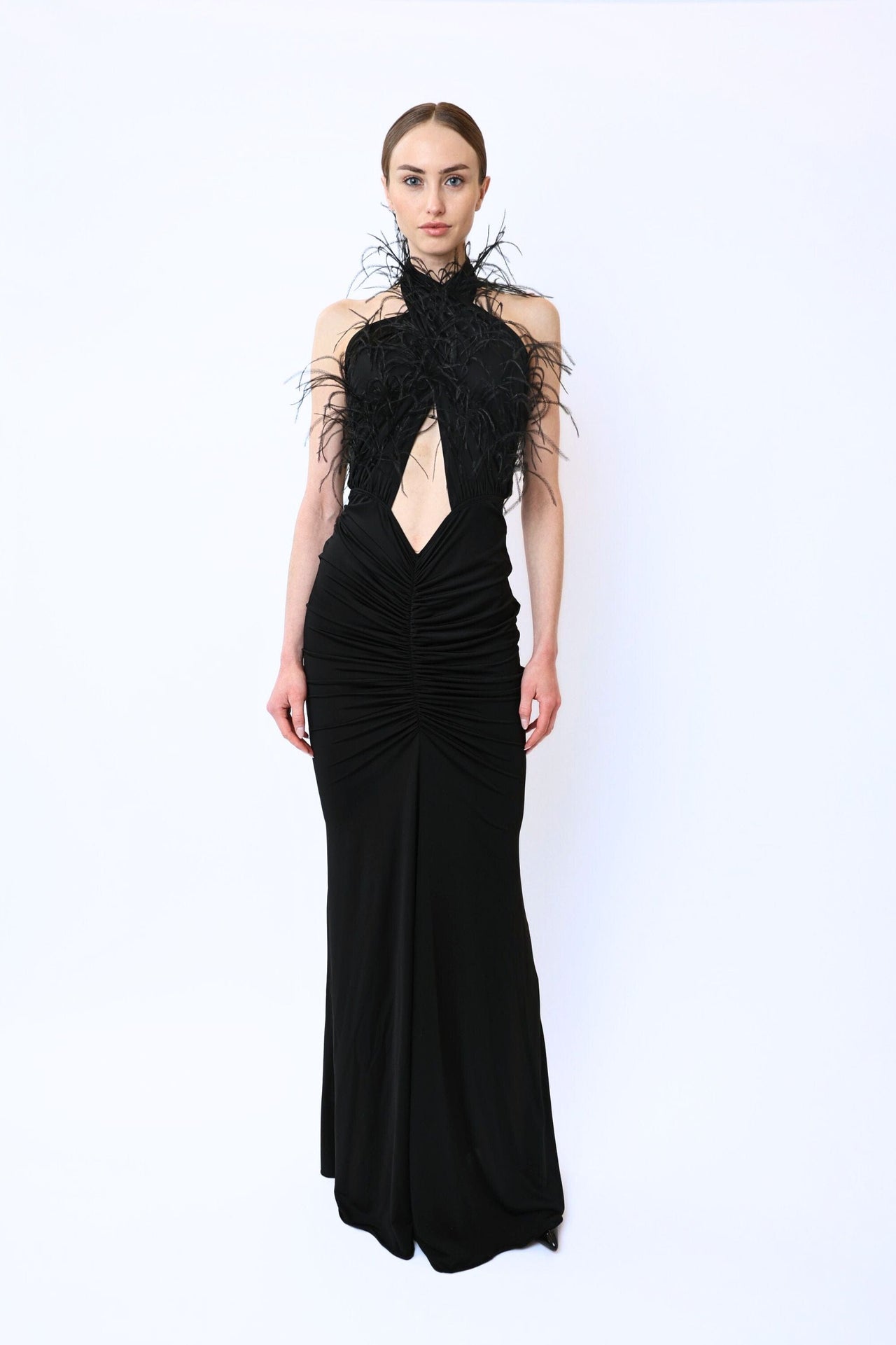 Jersey Sleeveless Halter Ruched Gown With Feathers