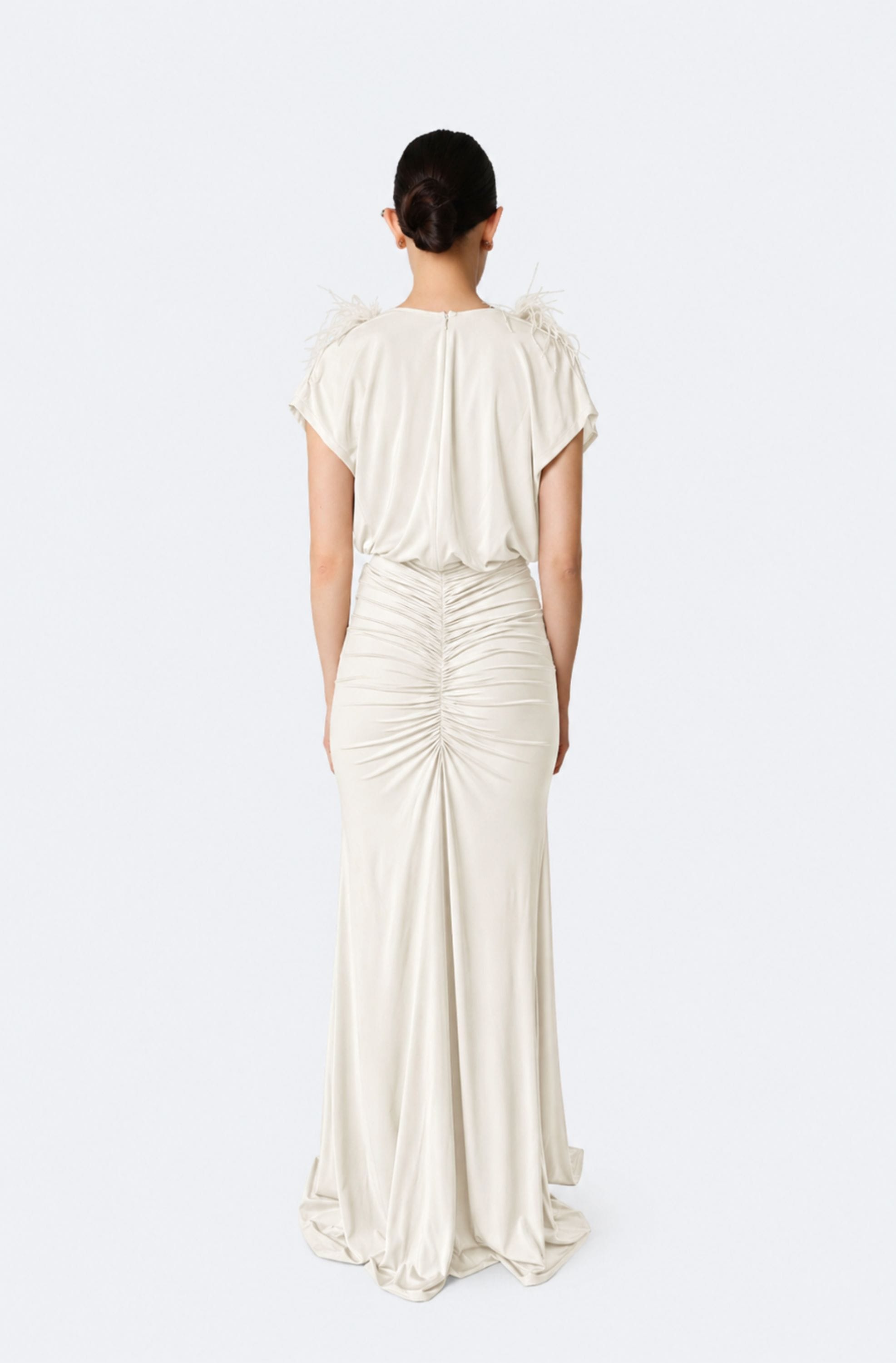 Jersey V Neck Shirred Gown With Feathers - LAPOINTE