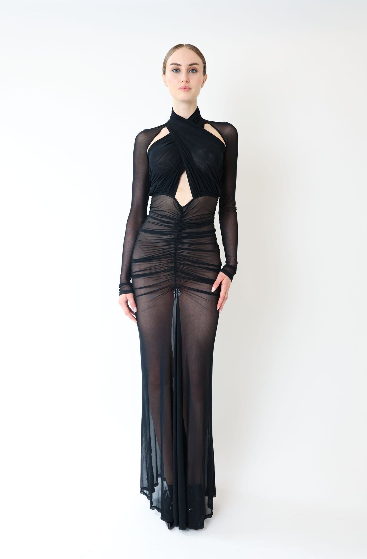 Mesh Halter Ruched Gown