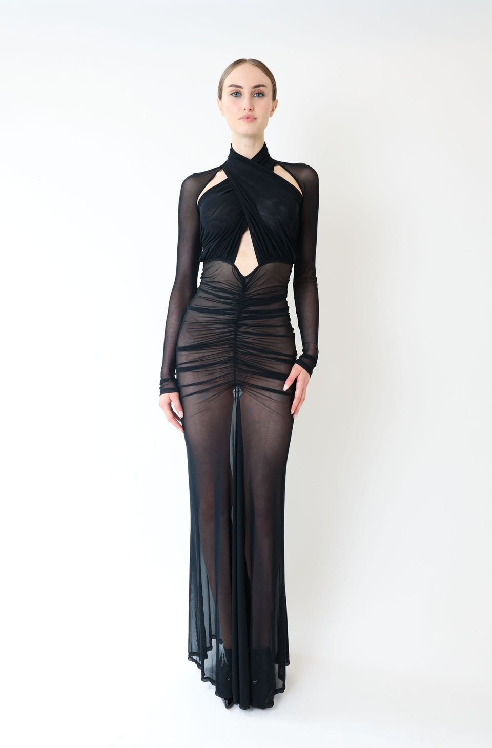 Mesh Halter Ruched Gown
