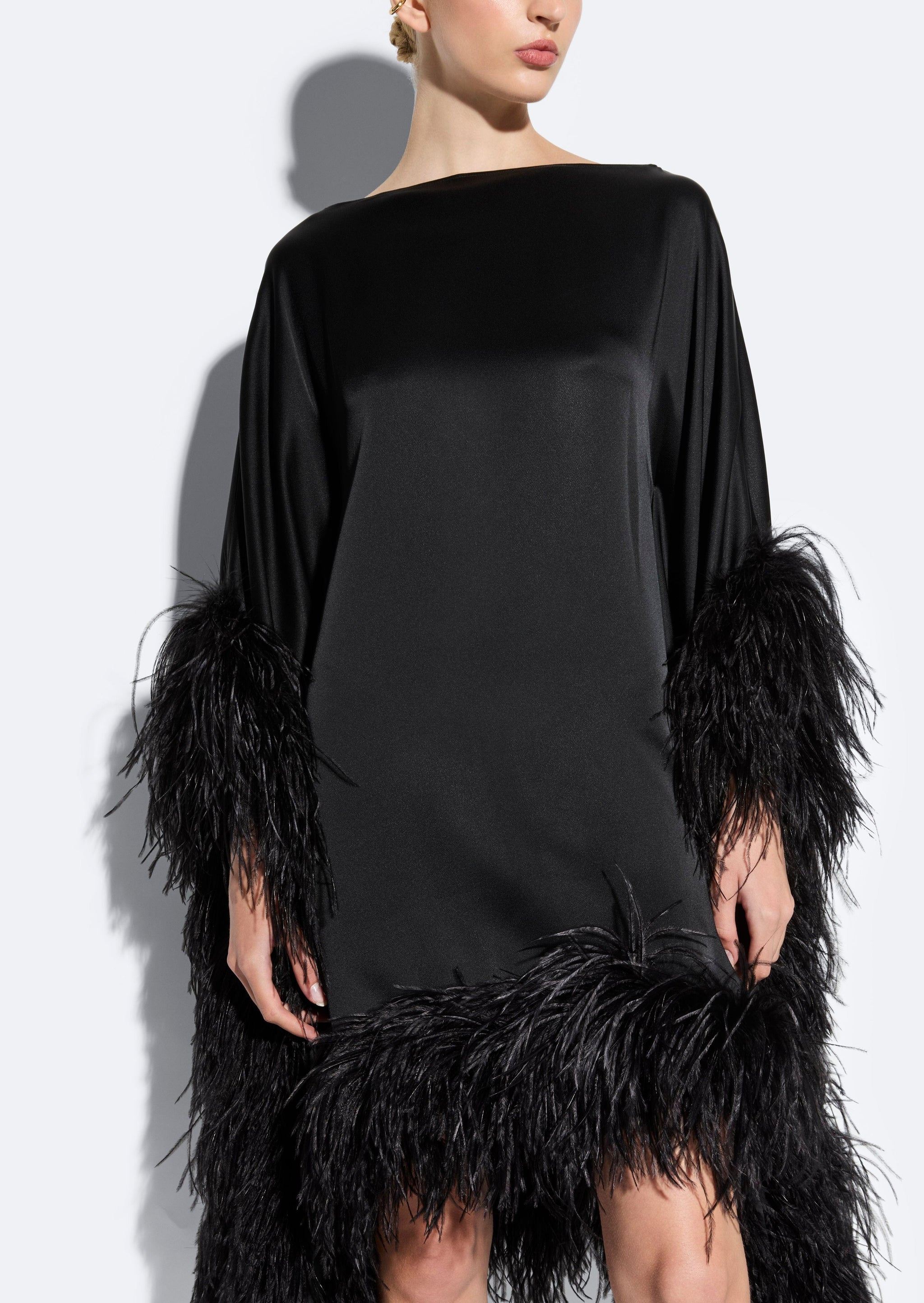 Satin Cape Dress With Feathers in Black Black | LAPOINTE Satin Cape Dress With Feathers in Black Black | LAPOINTE