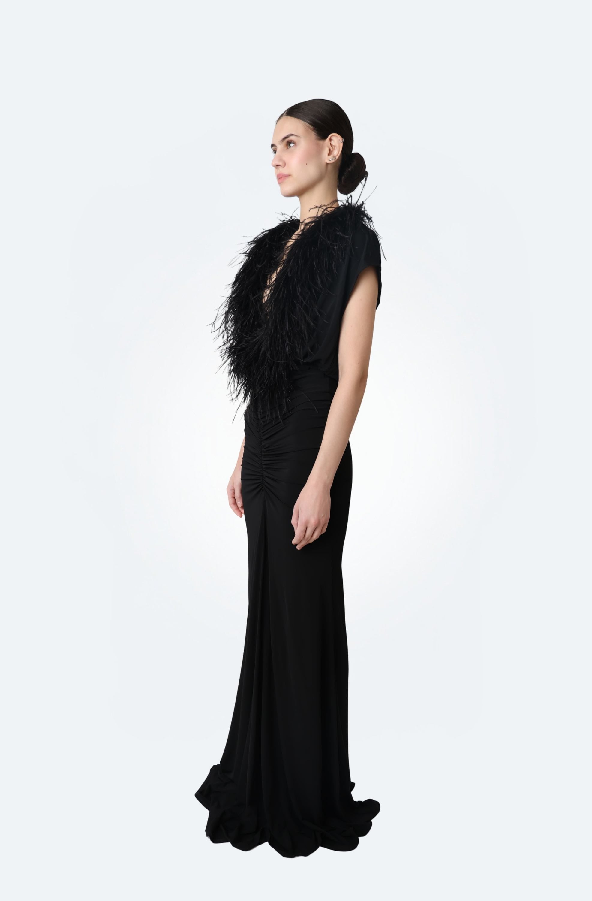 Jersey V Neck Shirred Gown With Feathers - LAPOINTE