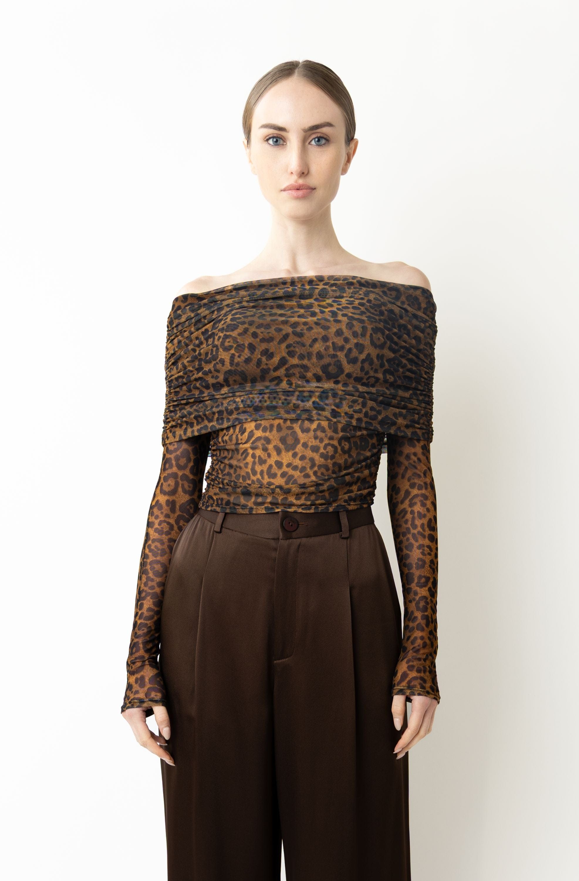 Printed Mesh Off The Shoulder Top in Leopard Leopard | LAPOINTE