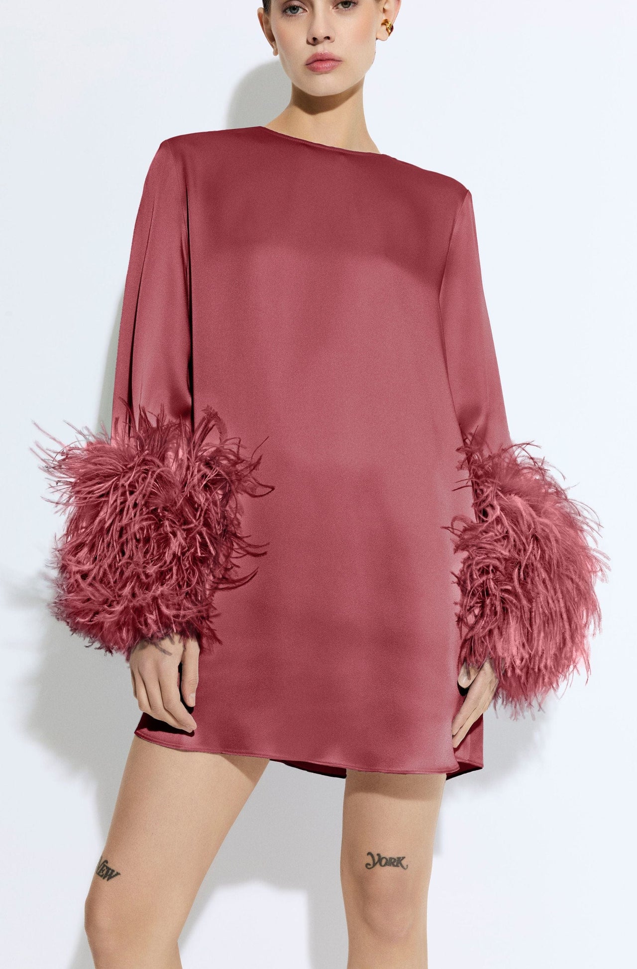 Satin Shift Dress With Feathers - LAPOINTE