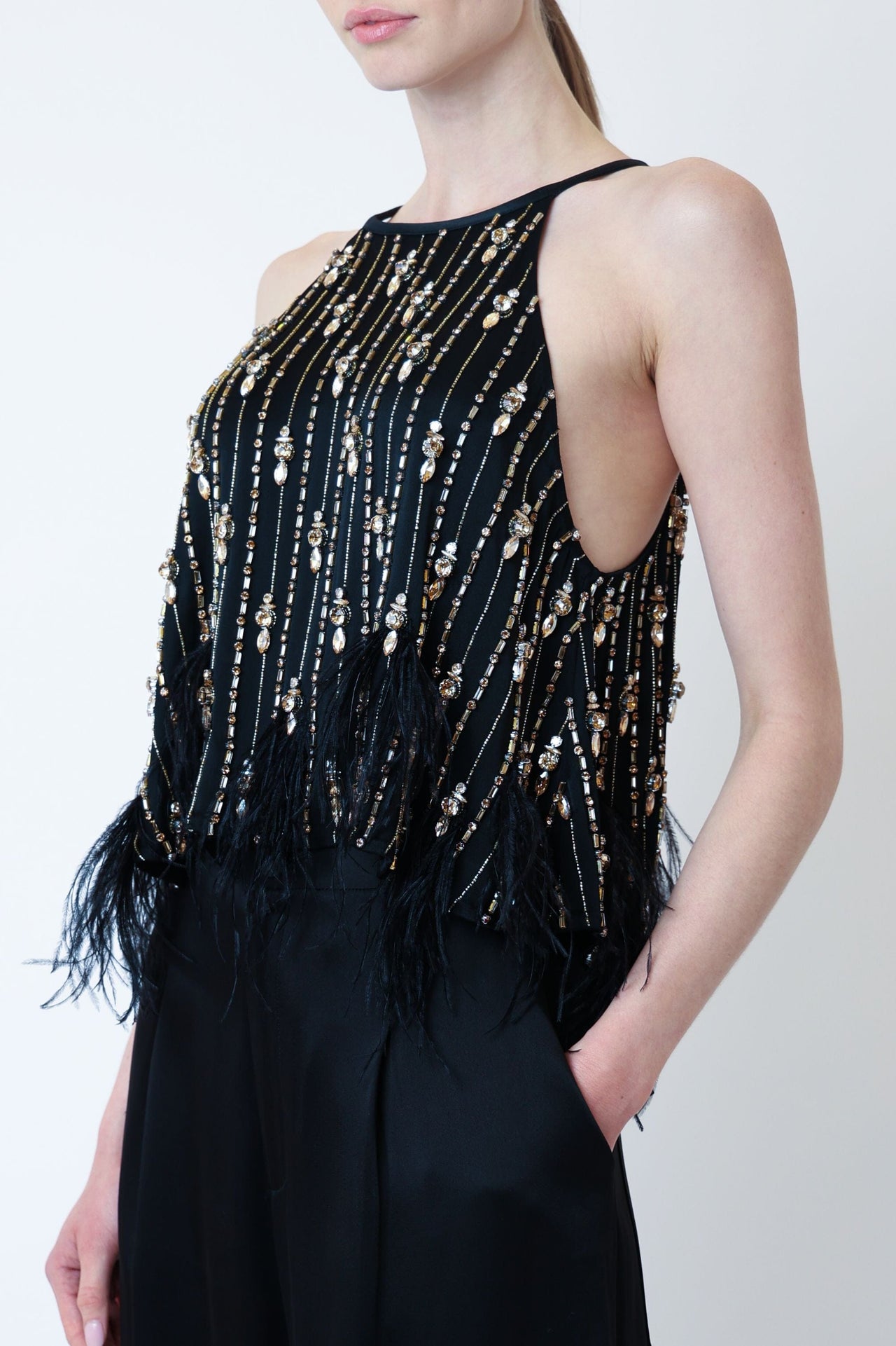 Satin Crop Halter Cami With Deco Stripe Embroidery