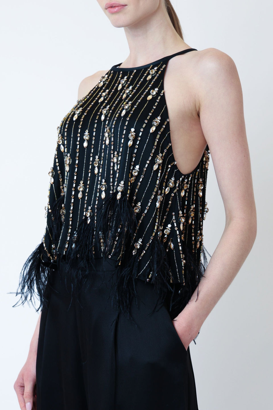 Satin Crop Halter Cami With Deco Stripe Embroidery