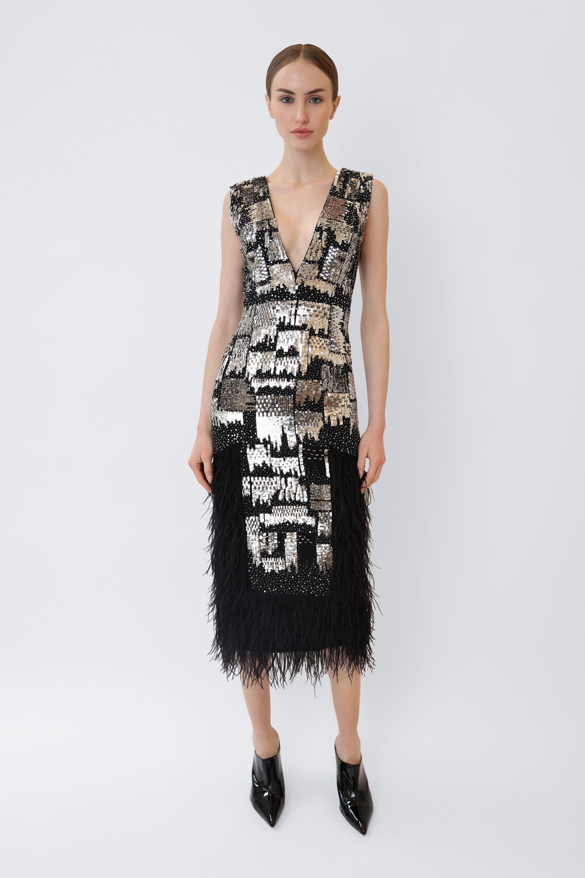 V Neck Dress With Feathers - LAPOINTE