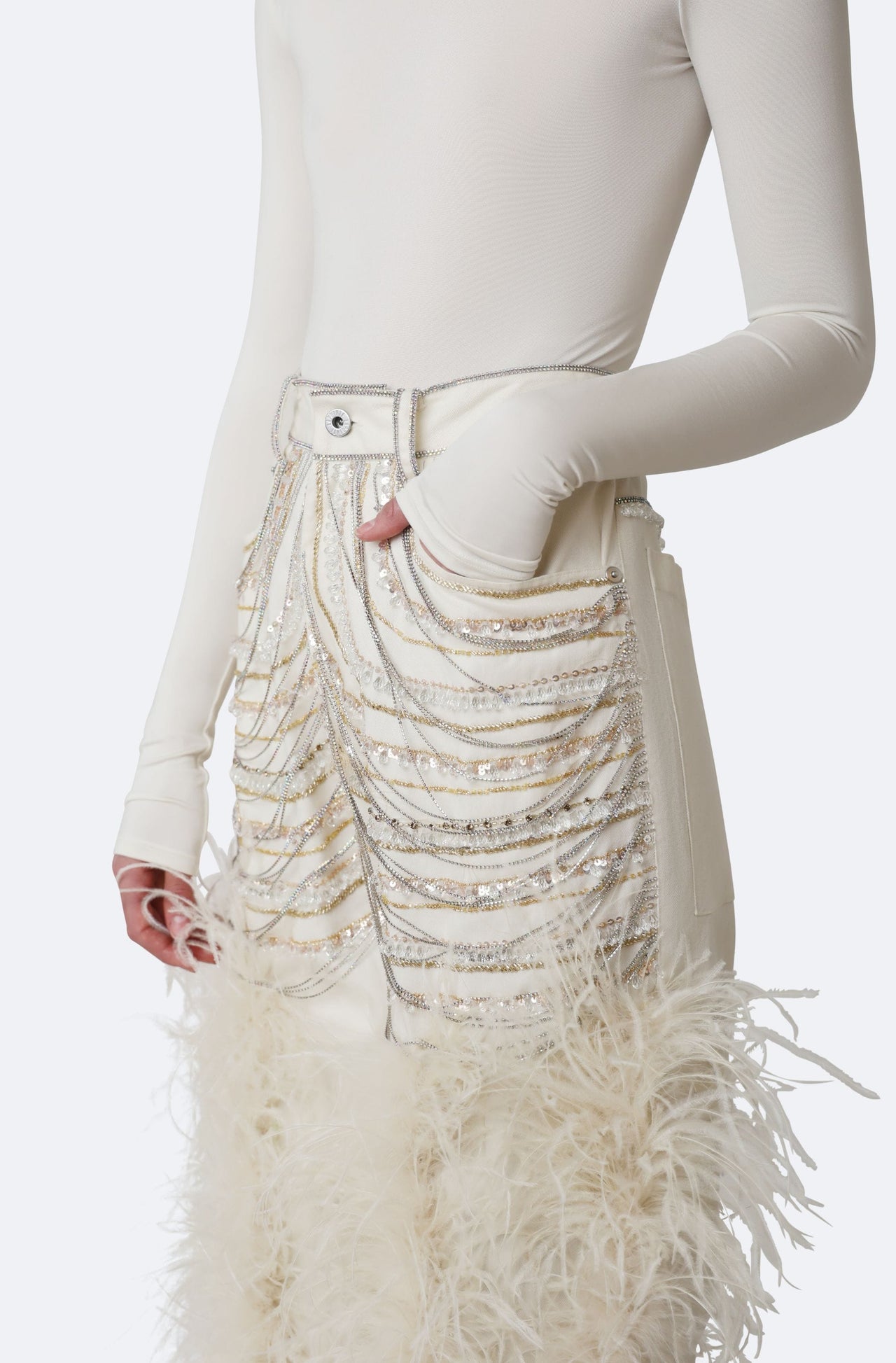 Stretch Cotton Twill Embroidered Pants With Feathers - LAPOINTE
