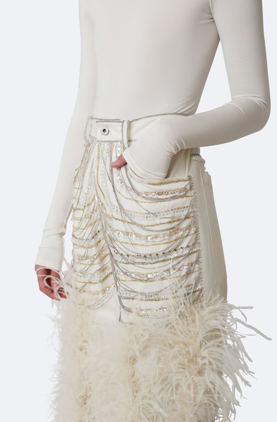 Stretch Cotton Twill Embroidered Pants With Feathers - LAPOINTE