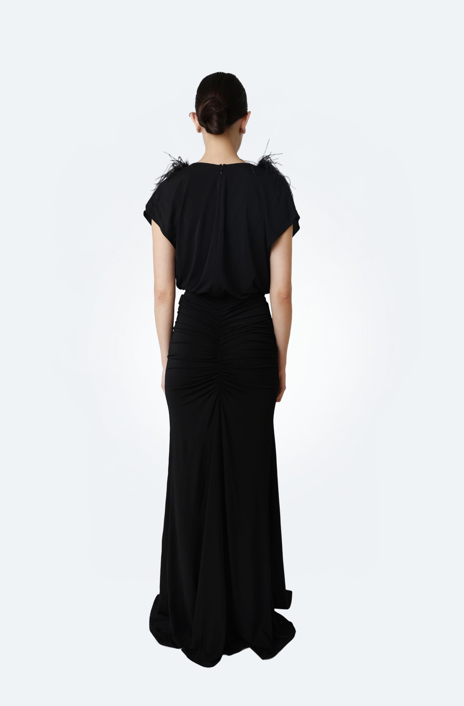 Jersey V Neck Shirred Gown With Feathers - LAPOINTE