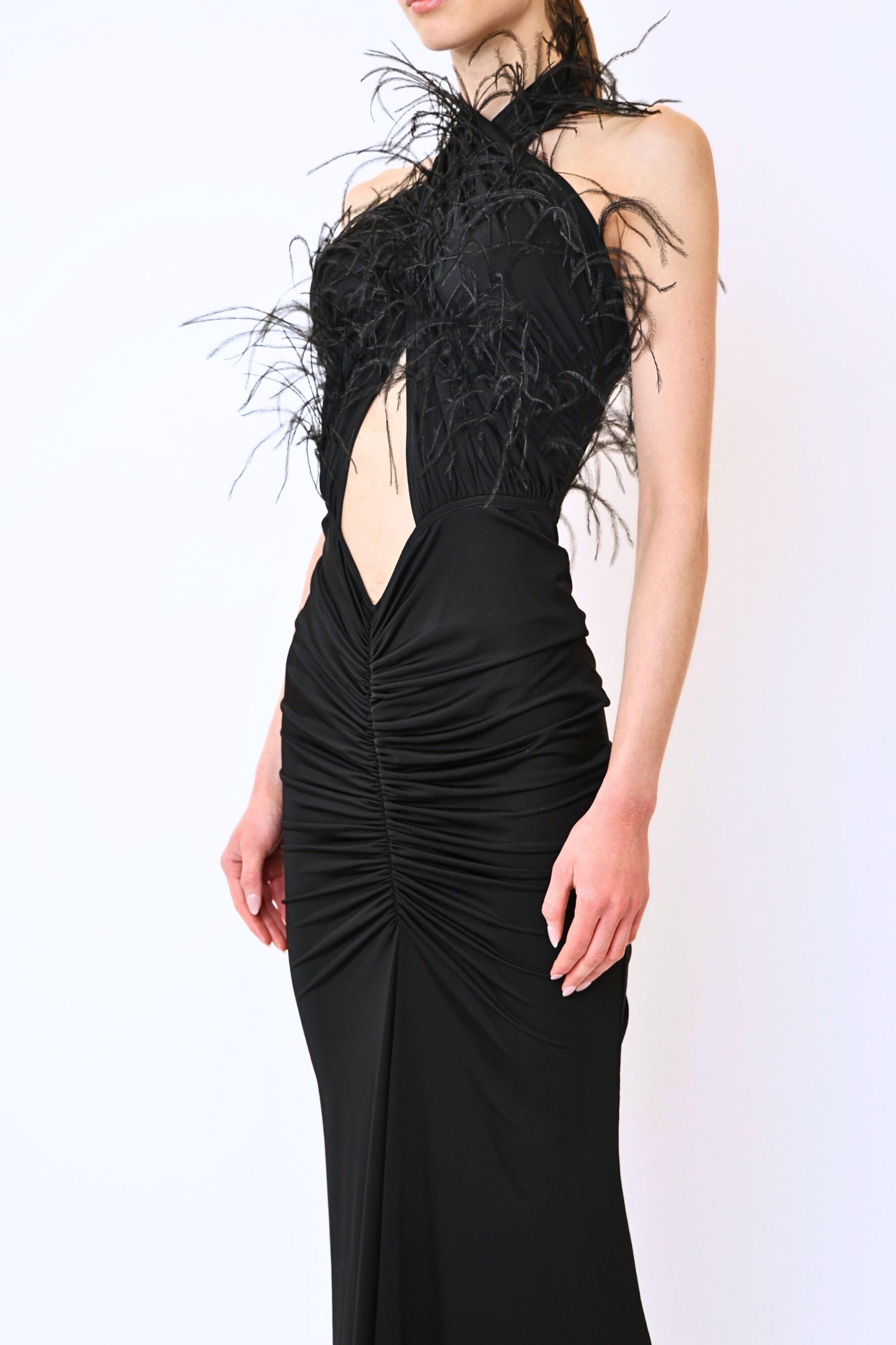 Jersey Sleeveless Halter Ruched Gown With Feathers