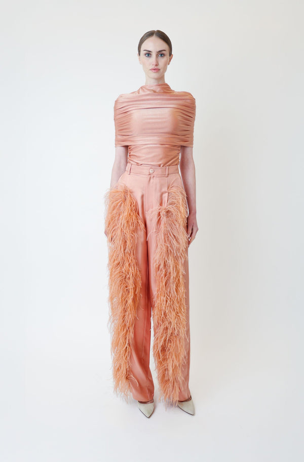 Silky Twill Relaxed Pleated Pant With Feathers - LAPOINTE