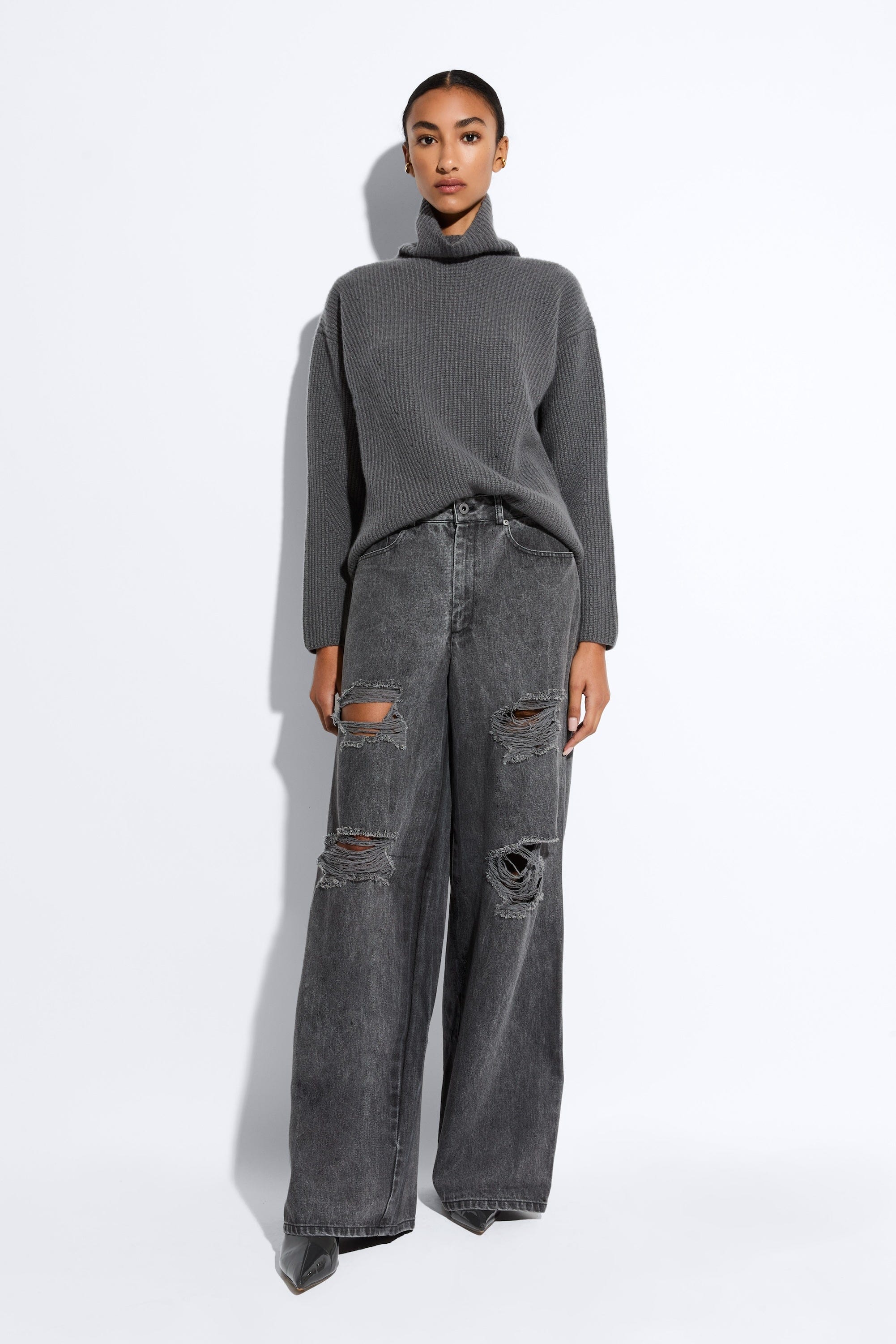 Cashmere Silk Turtleneck in Steel Gray and Charcoal | LAPOINTE