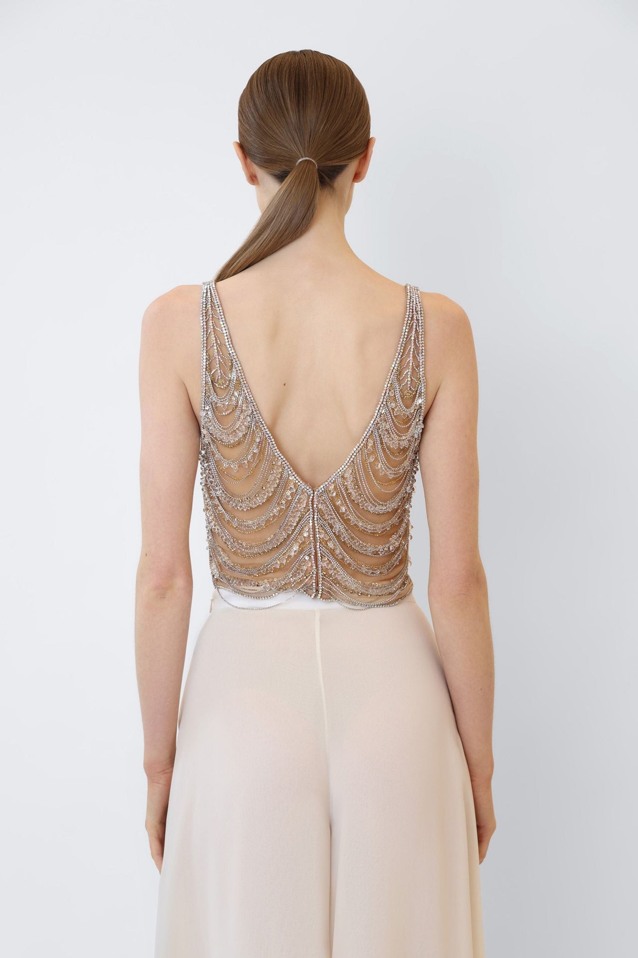 Draped Crystal Embroidery V Neck Tank