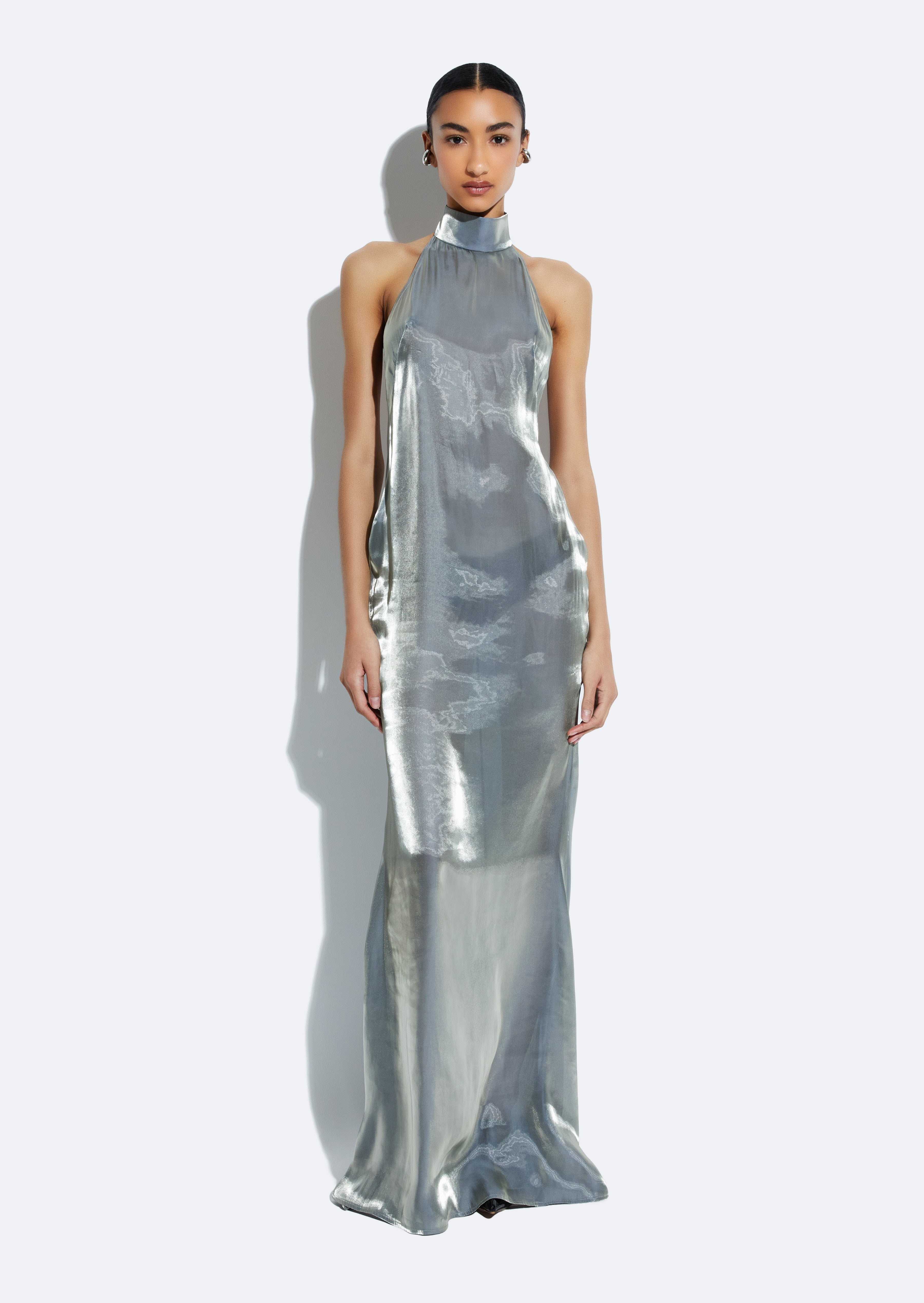 Metallic Organza Halter Open Back Gown