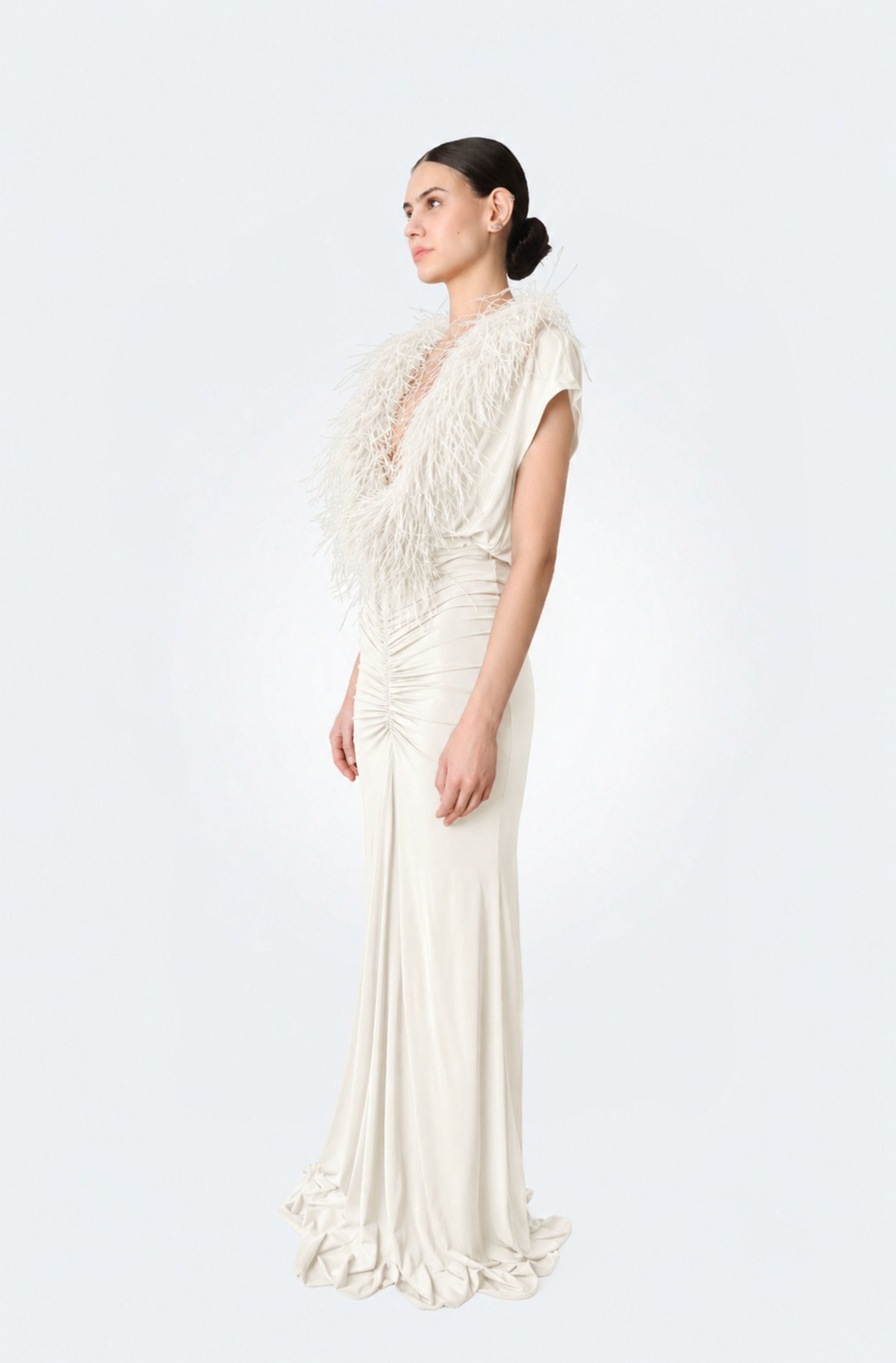 Jersey V Neck Shirred Gown With Feathers - LAPOINTE