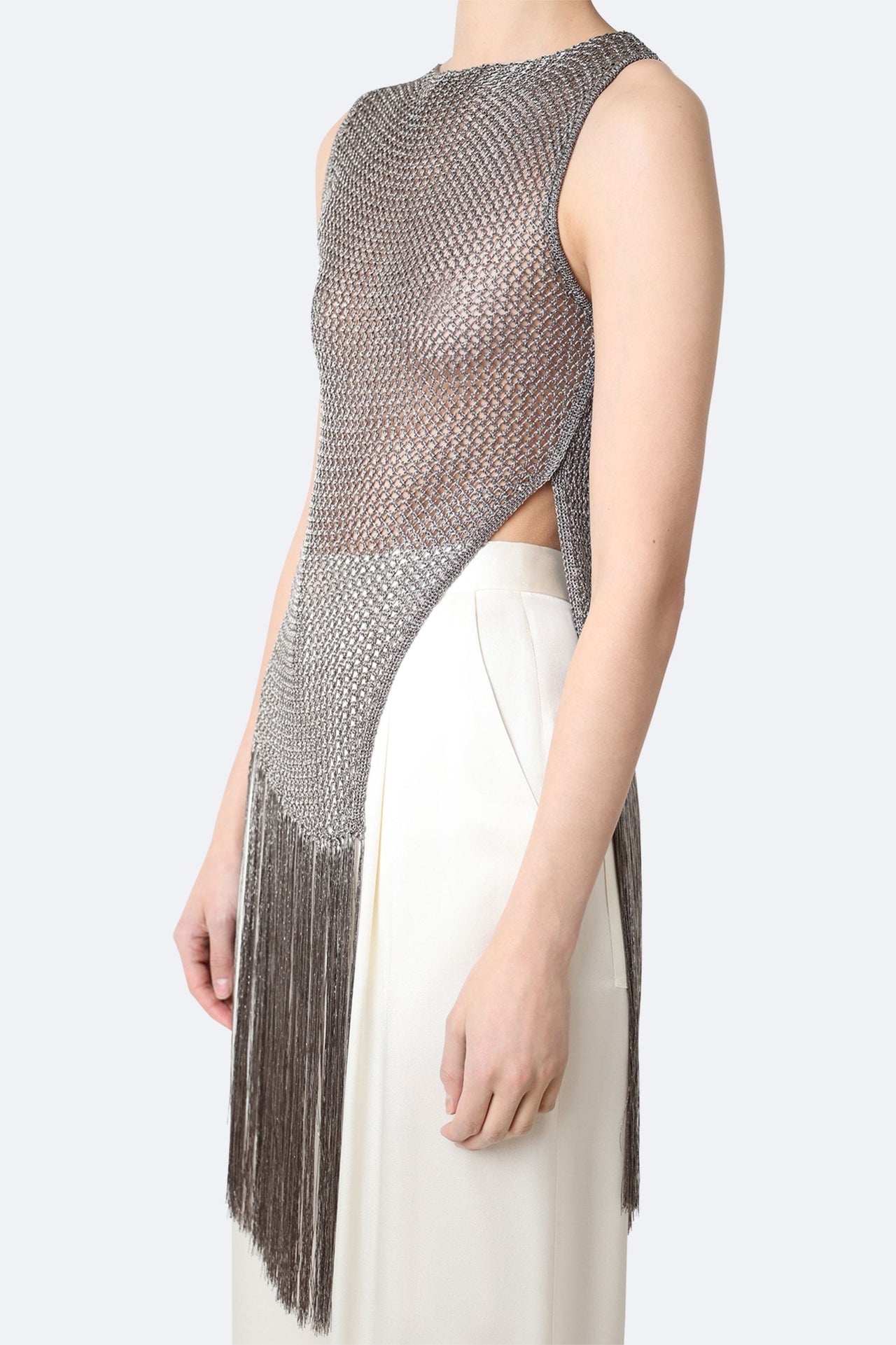 Metallic Netting Fringe Asymmetric Top
