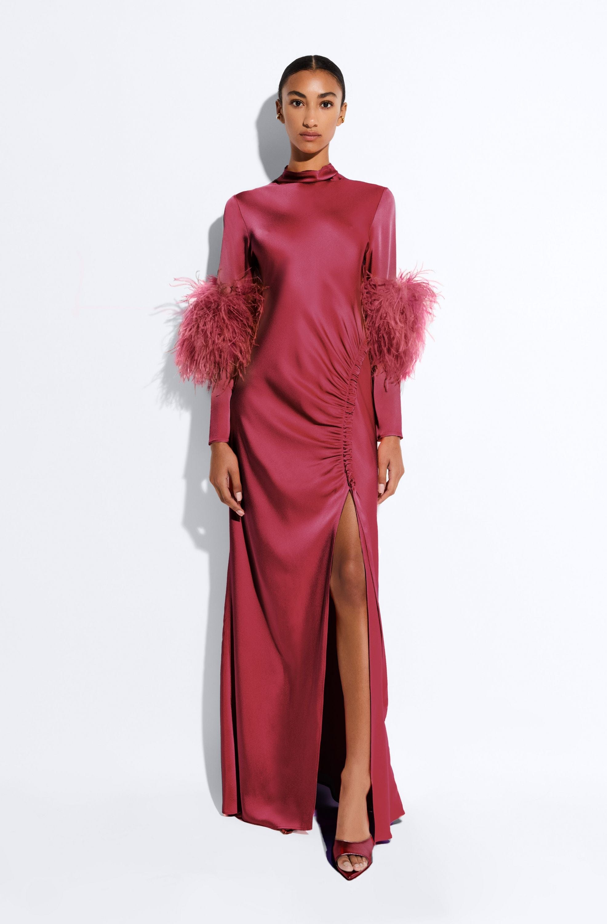Satin Tab Gown With Feathers in Dark rose Red | LAPOINTE
