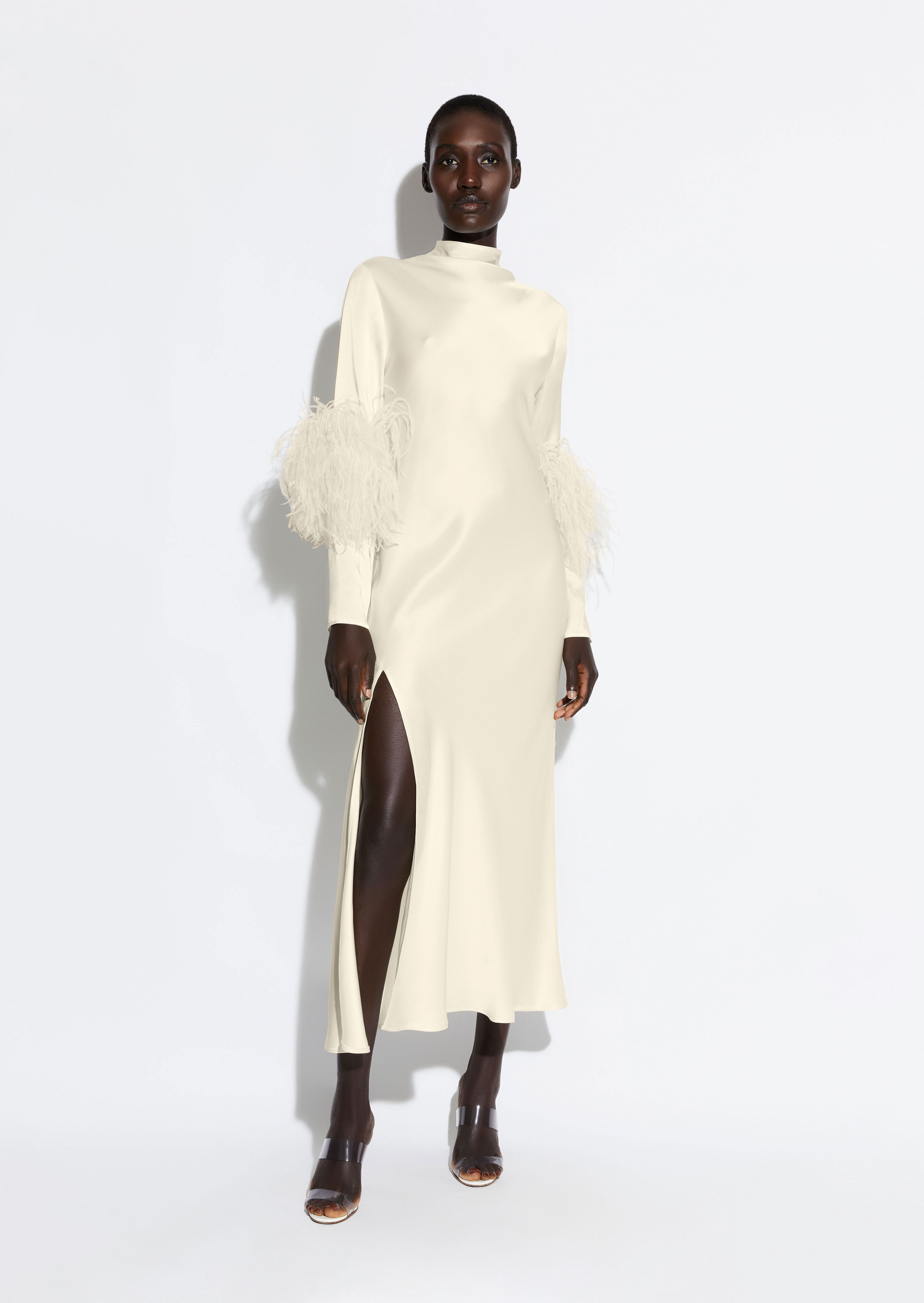 Satin Bias Feather Tab Dress With Slit in Cream LAPOINTE
