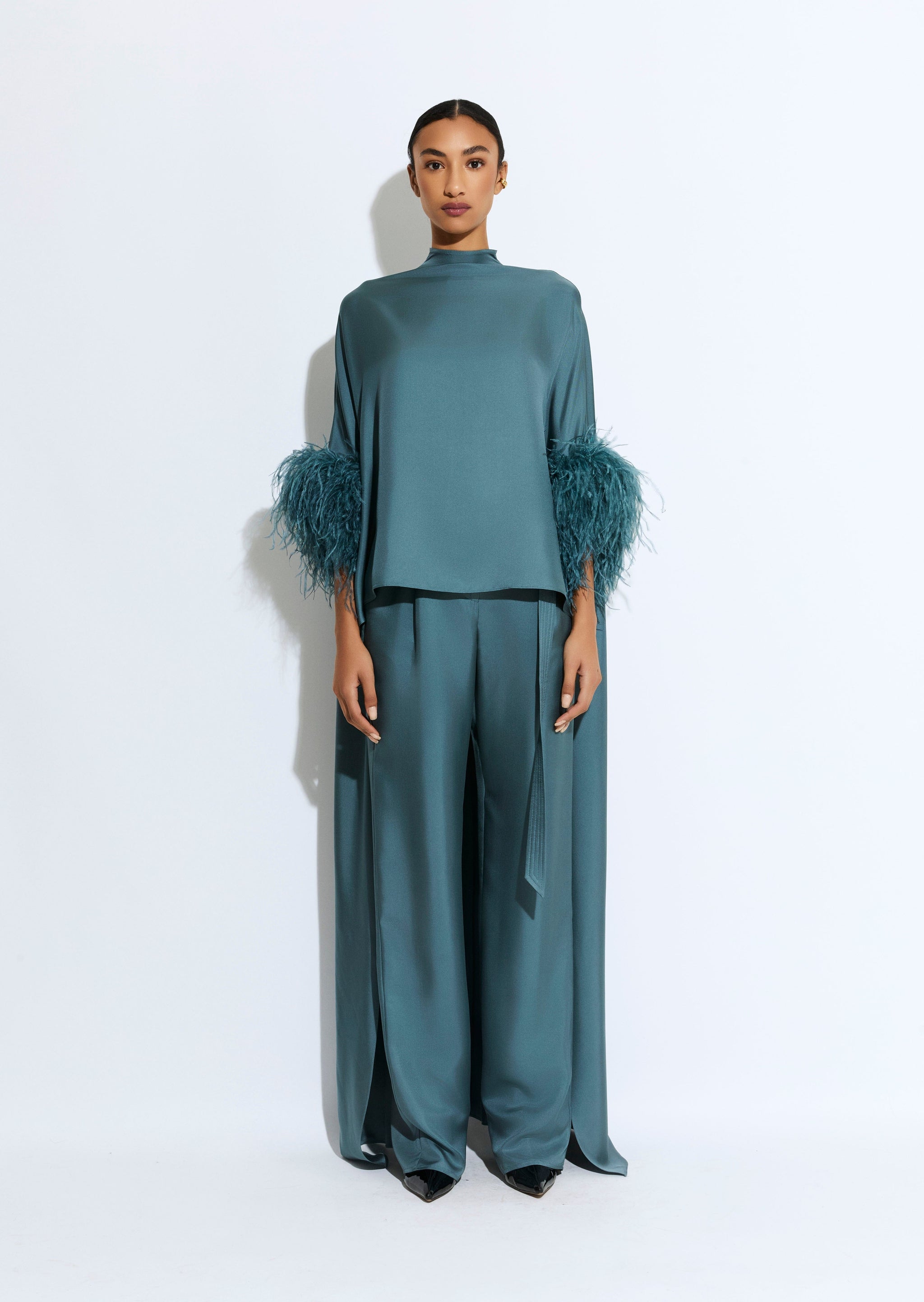 Silky Twill High Low Mock Neck Top With Feathers - LAPOINTE