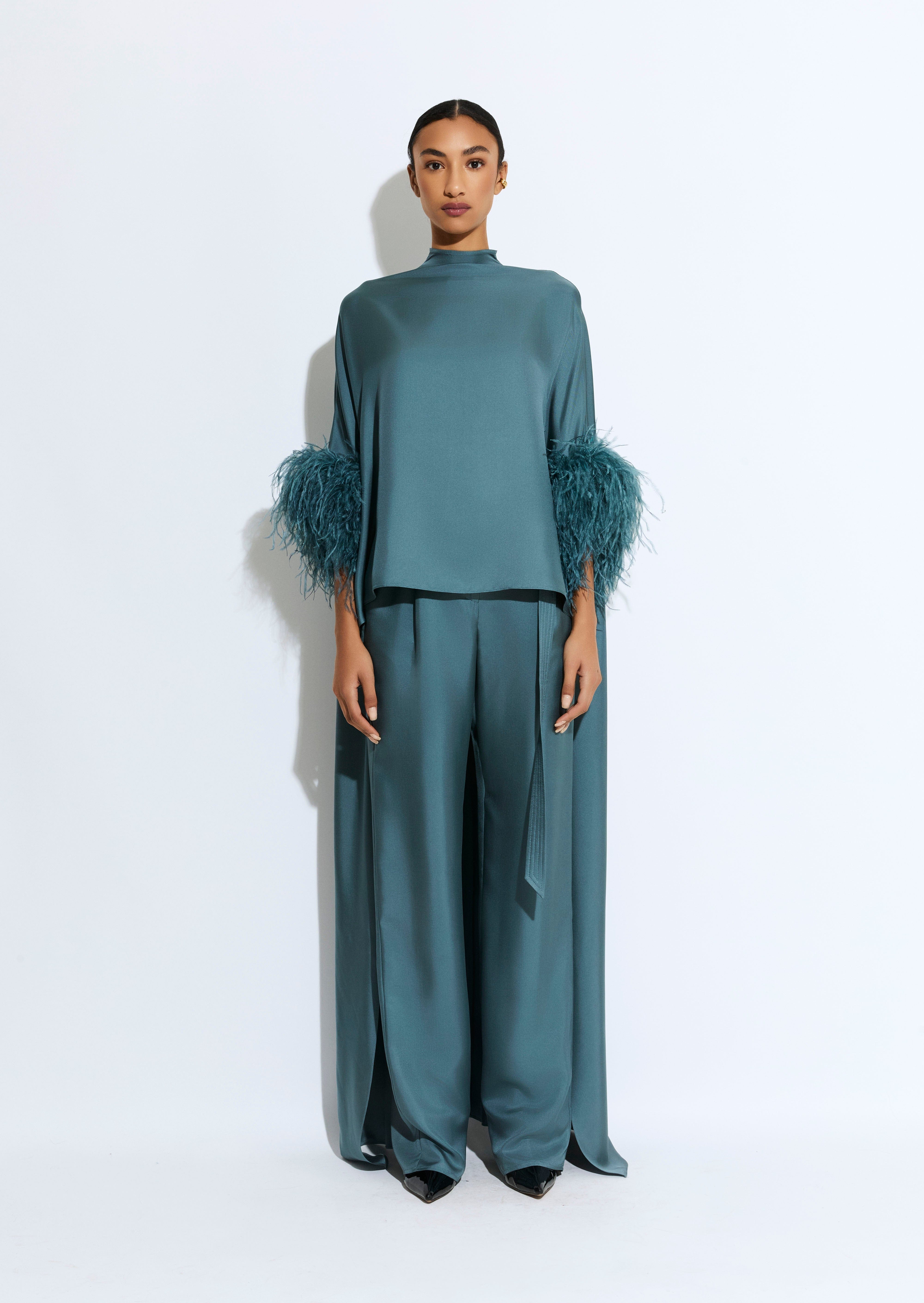 Silky Twill High Low Mock Neck Top With Feathers - LAPOINTE