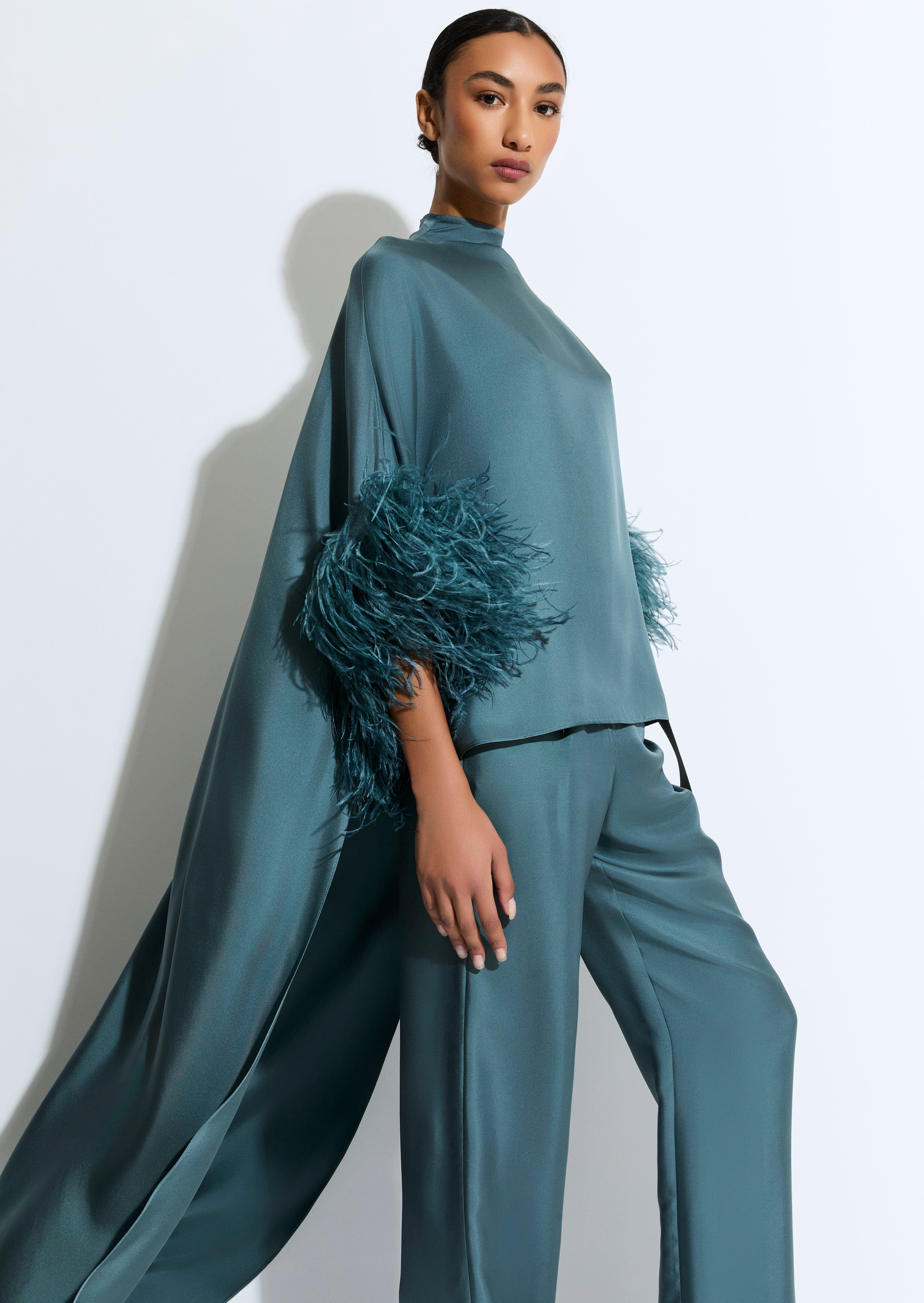 Silky Twill High Low Mock Neck Top With Feathers - LAPOINTE