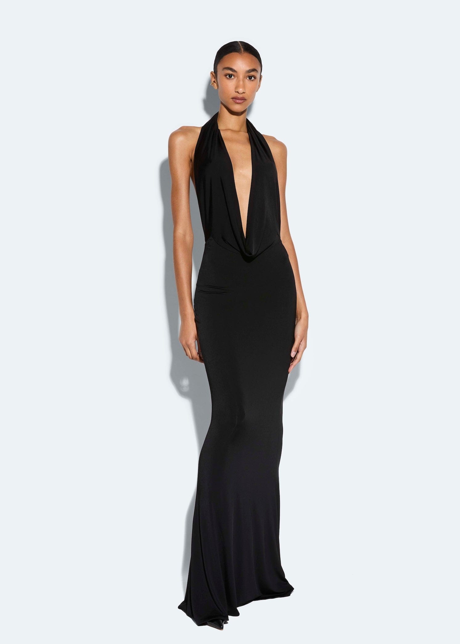 embellished plunge halter neck midaxi dress in black Amedeo Plunge Halter Neck Maxi Dress