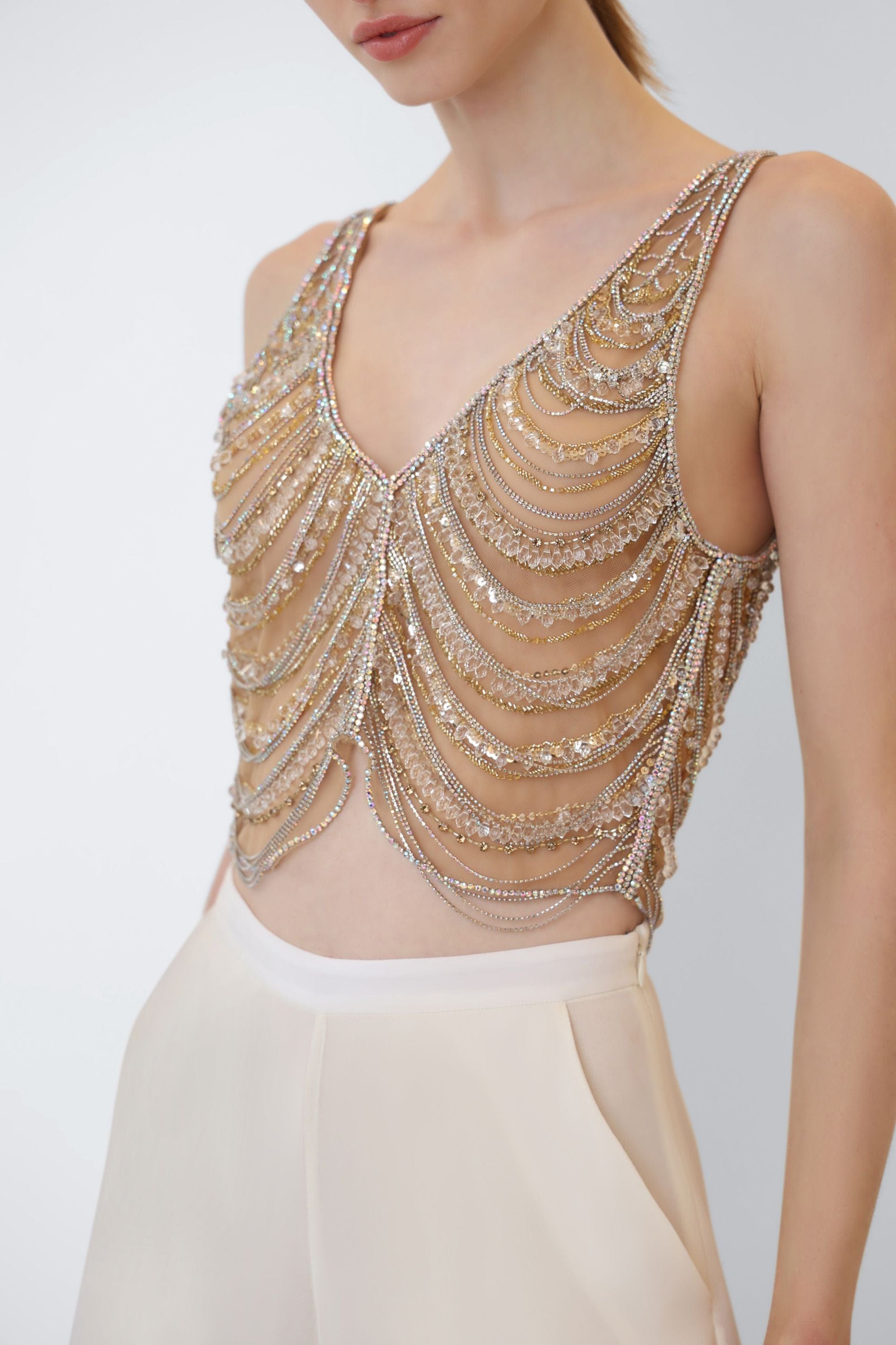 Draped Crystal Embroidery V Neck Tank - LAPOINTE