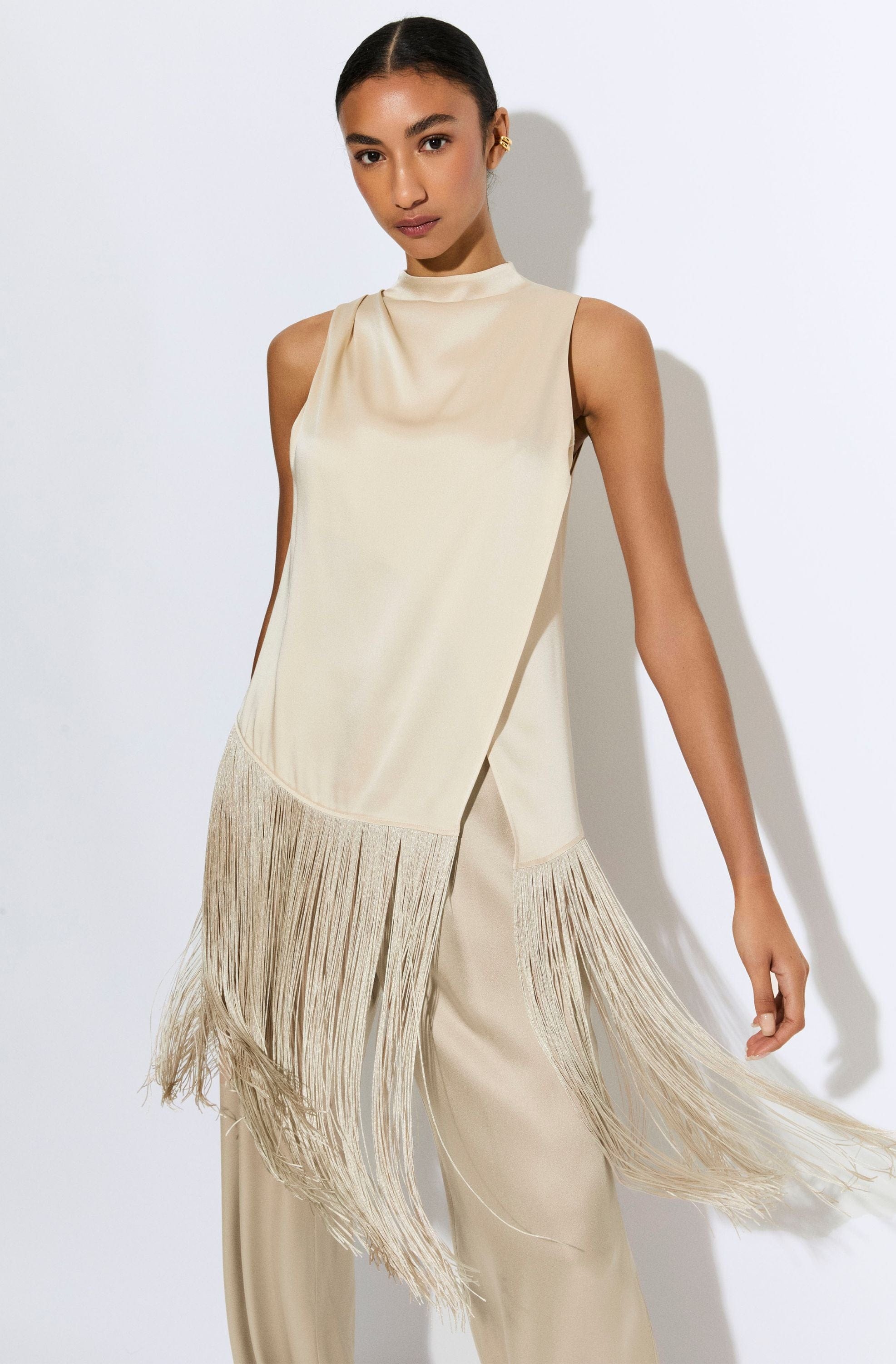 Satin Cowl Neck Fringe Top in Ecru Neutral | LAPOINTE