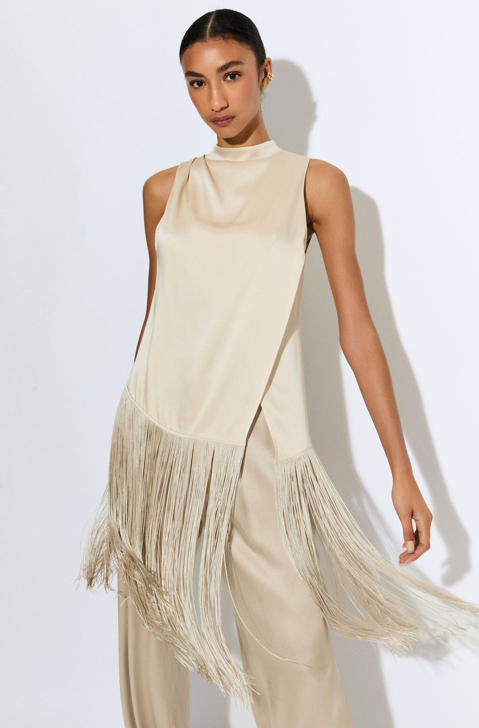 Satin Cowl Neck Fringe Top - LAPOINTE
