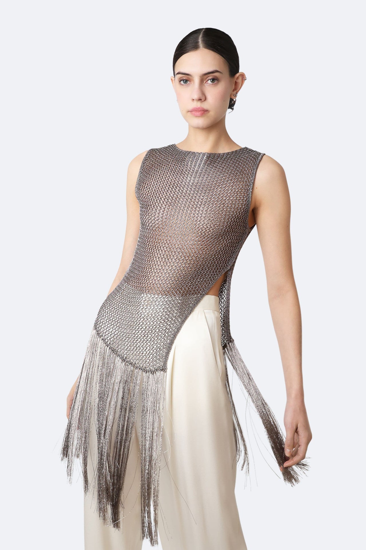 Metallic Netting Fringe Asymmetric Top