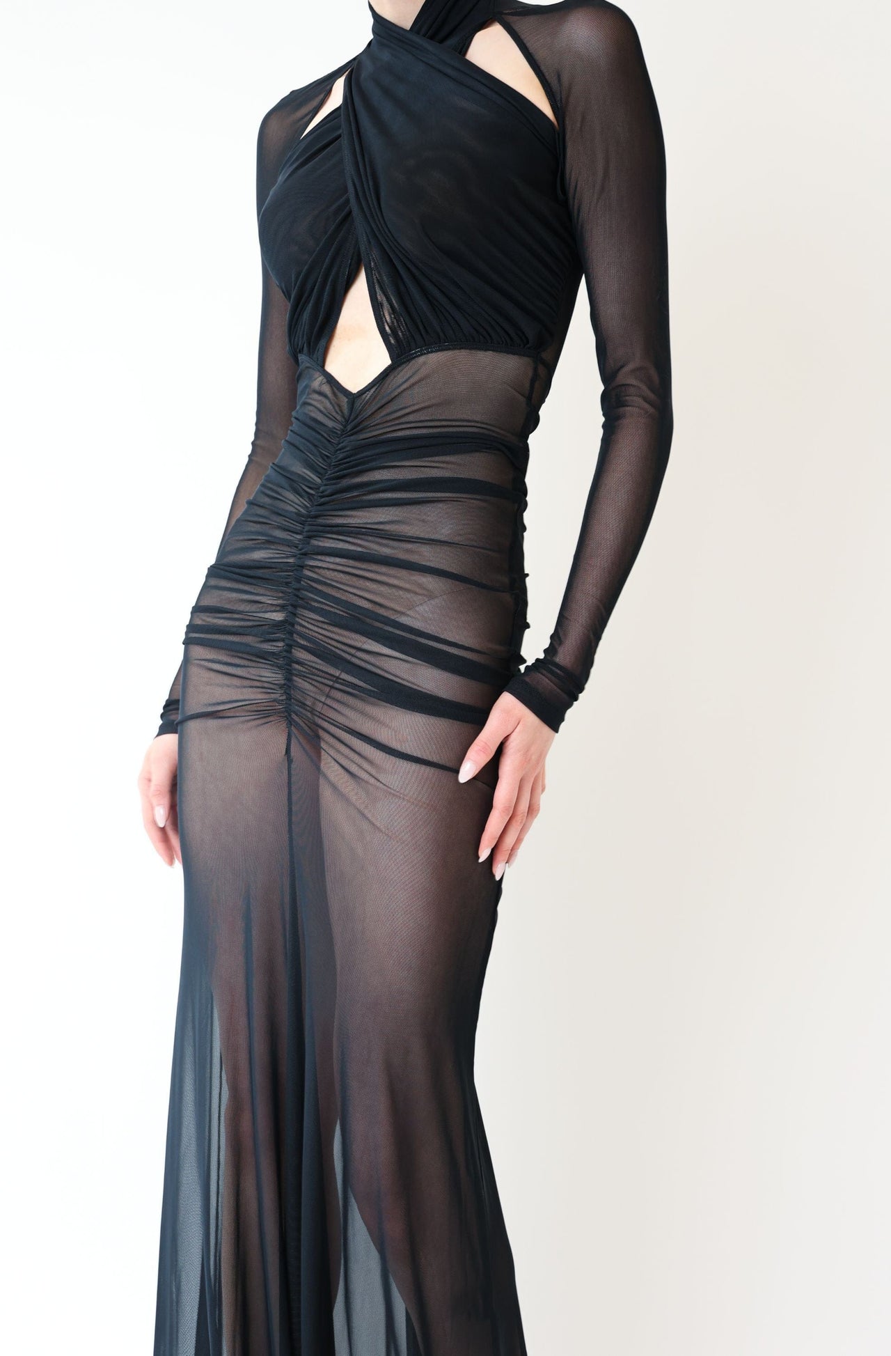 Mesh Halter Ruched Gown